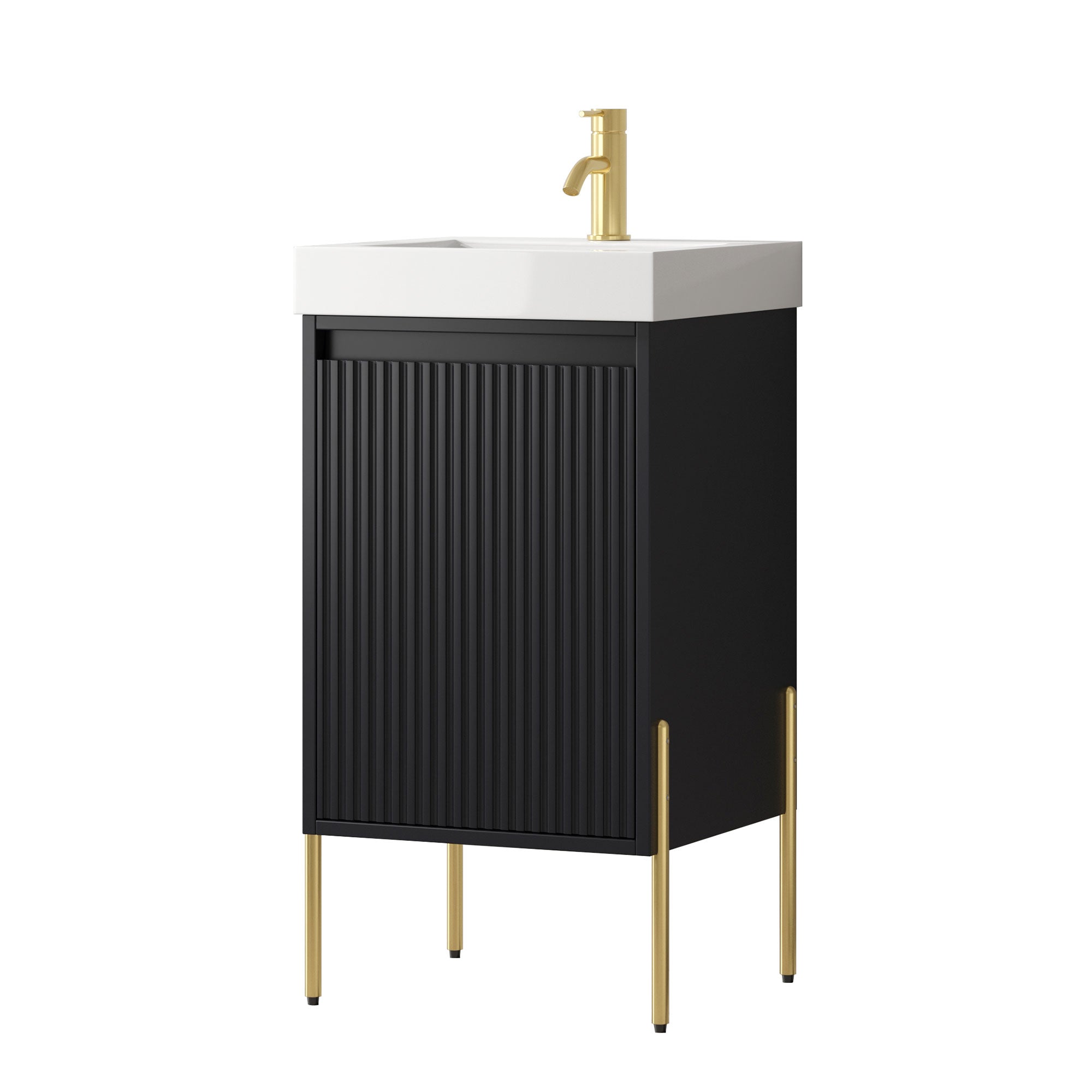 Dowell 18" Fluted Design Vanity Set ¡°(Modern Pre-Assembled Bathroom Cabinet with Soft-Close Door & Shelf, White Resin Basin,Black/Gold Legs - 002 18 Series