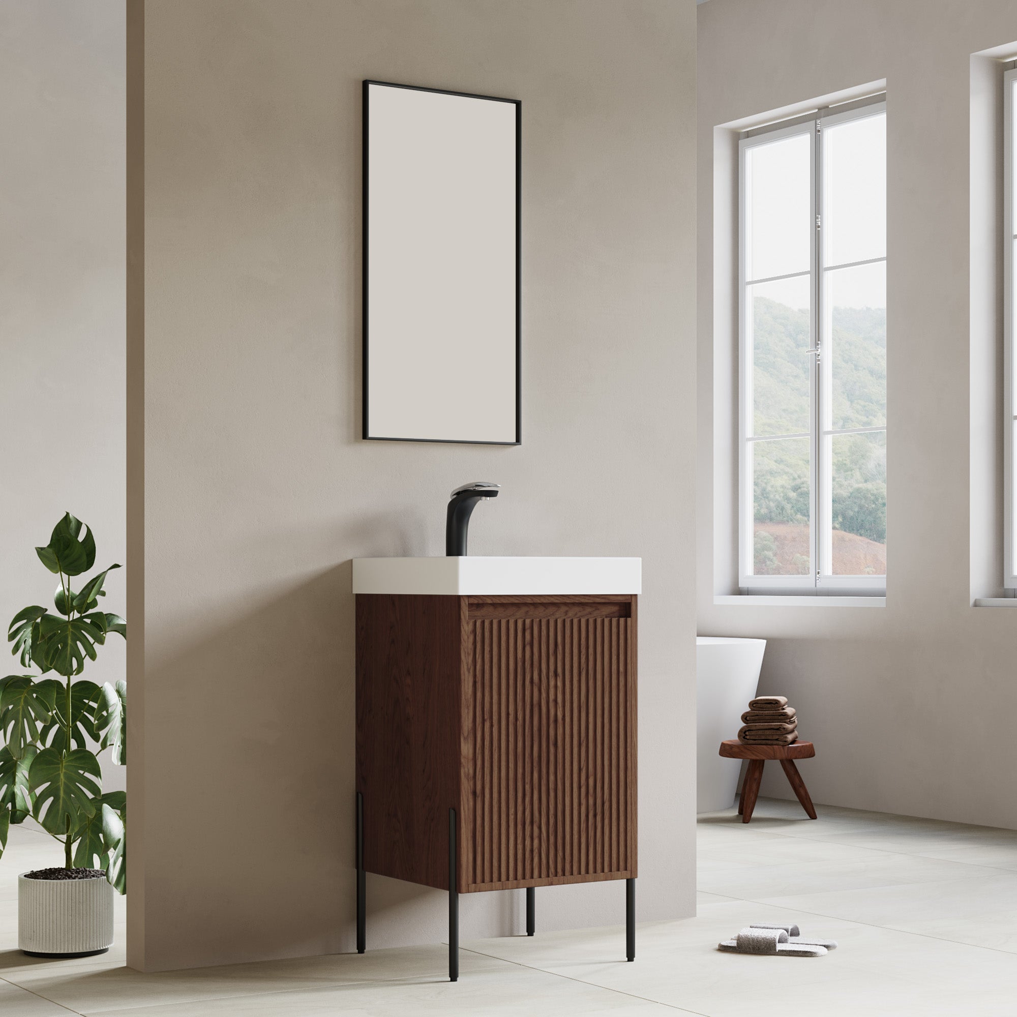 Dowell 18" Fluted Design Walnut Vanity Set – Modern Pre-Assembled Bathroom Cabinet with Soft-Close Door & Shelf, White Resin Basin,Black/Gold Legs - 002 18 Series