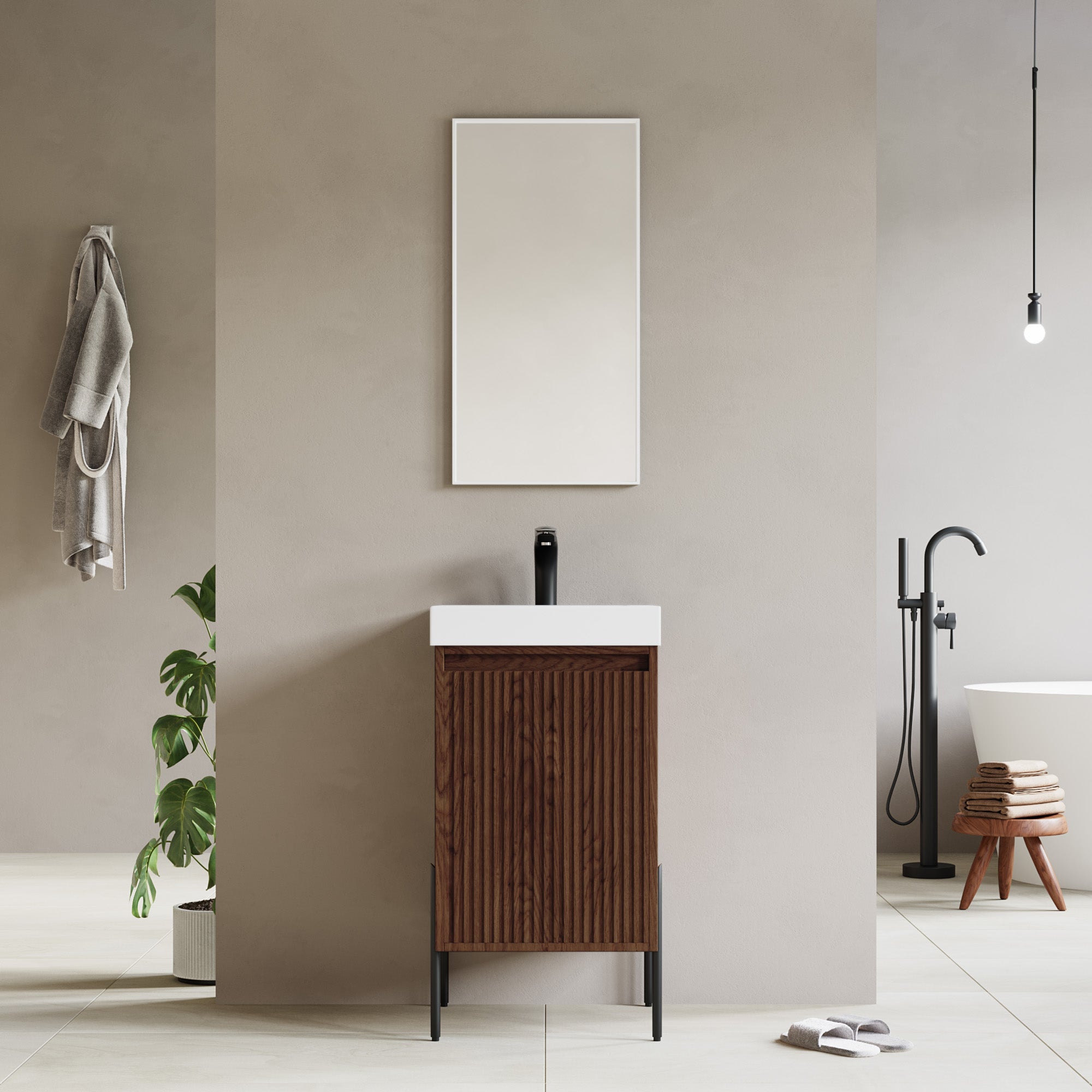 Dowell 18" Fluted Design Walnut Vanity Set – Modern Pre-Assembled Bathroom Cabinet with Soft-Close Door & Shelf, White Resin Basin,Black/Gold Legs - 002 18 Series