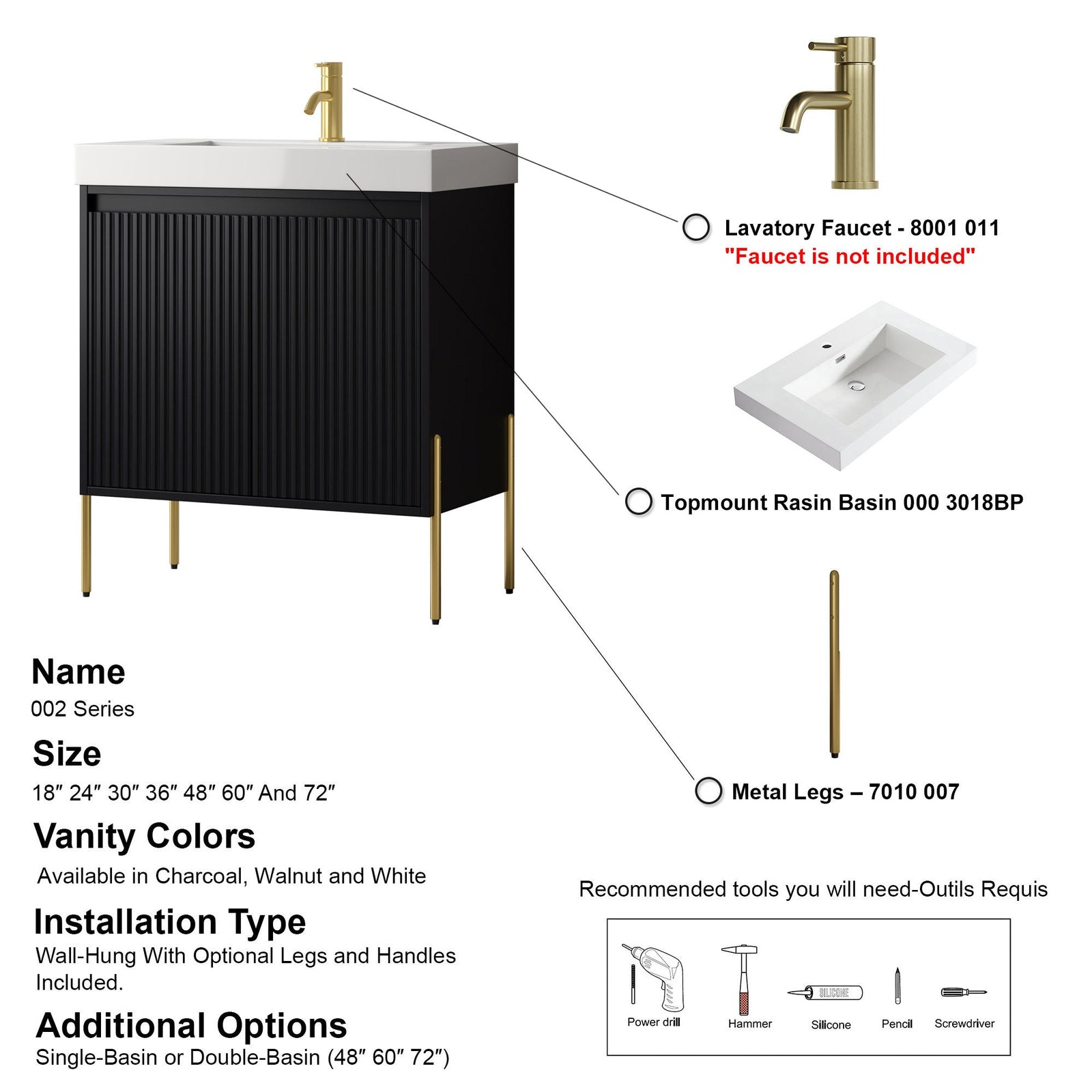 Dowell 30¡°(Fluted Bathroom Vanity Set ¡°(Pre-Assembled Cabinet Base with 2 Soft-Close Doors, Shelves & Ceramic/Resin Single Basin, Black/Golden Legs - 002 30 Series