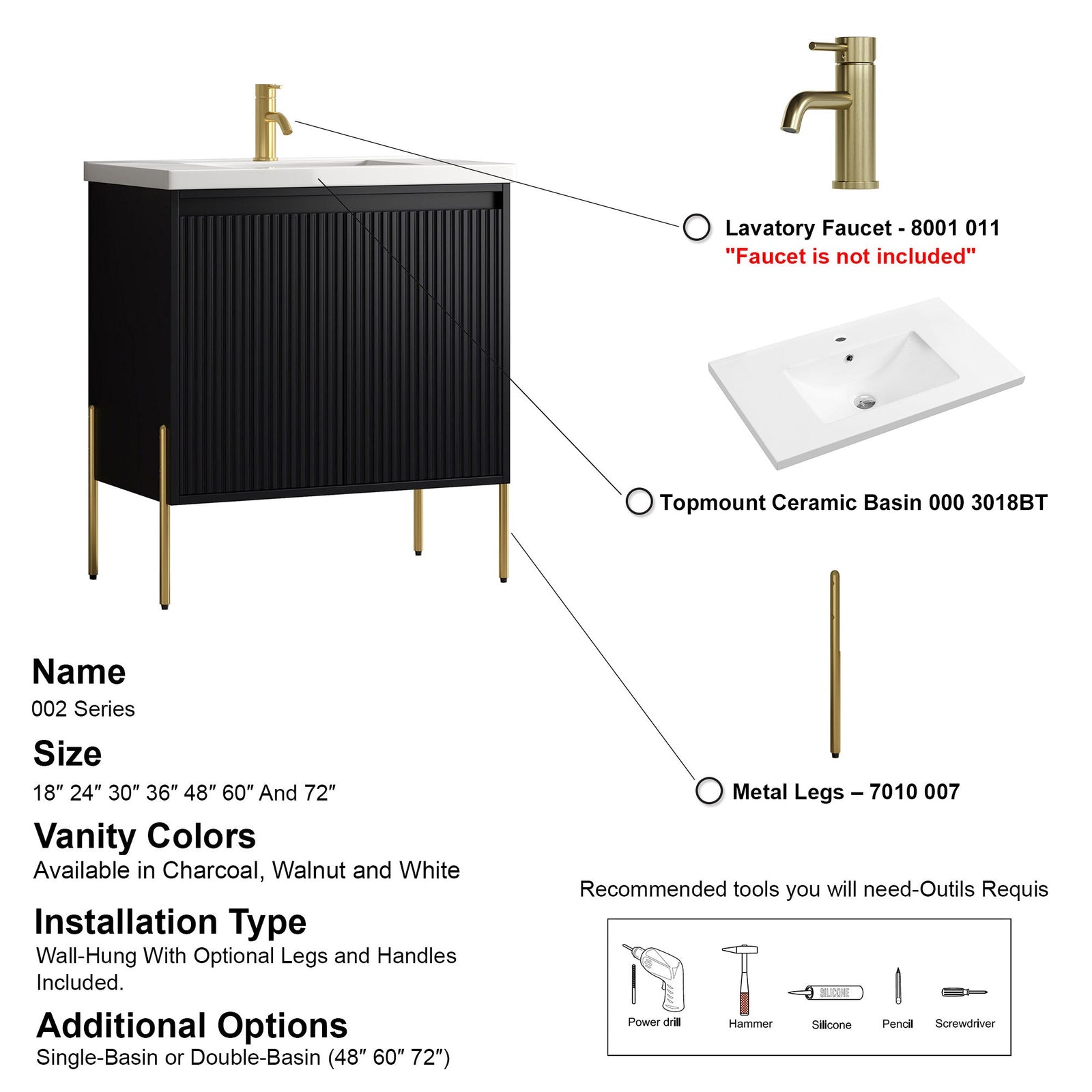 Dowell 30¡°(Fluted Bathroom Vanity Set ¡°(Pre-Assembled Cabinet Base with 2 Soft-Close Doors, Shelves & Ceramic/Resin Single Basin, Black/Golden Legs - 002 30 Series