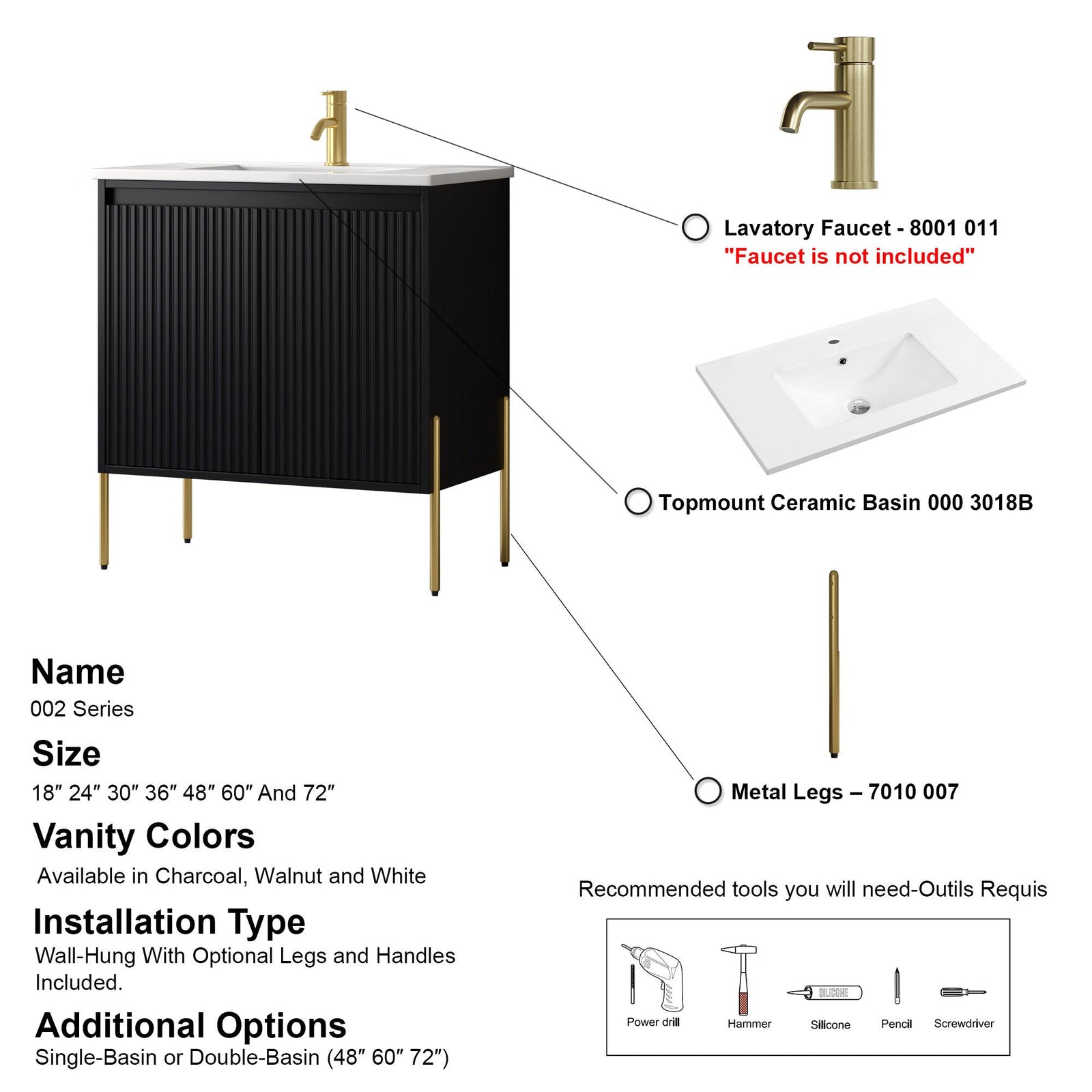 Dowell 30¡°(Fluted Bathroom Vanity Set ¡°(Pre-Assembled Cabinet Base with 2 Soft-Close Doors, Shelves & Ceramic/Resin Single Basin, Black/Golden Legs - 002 30 Series