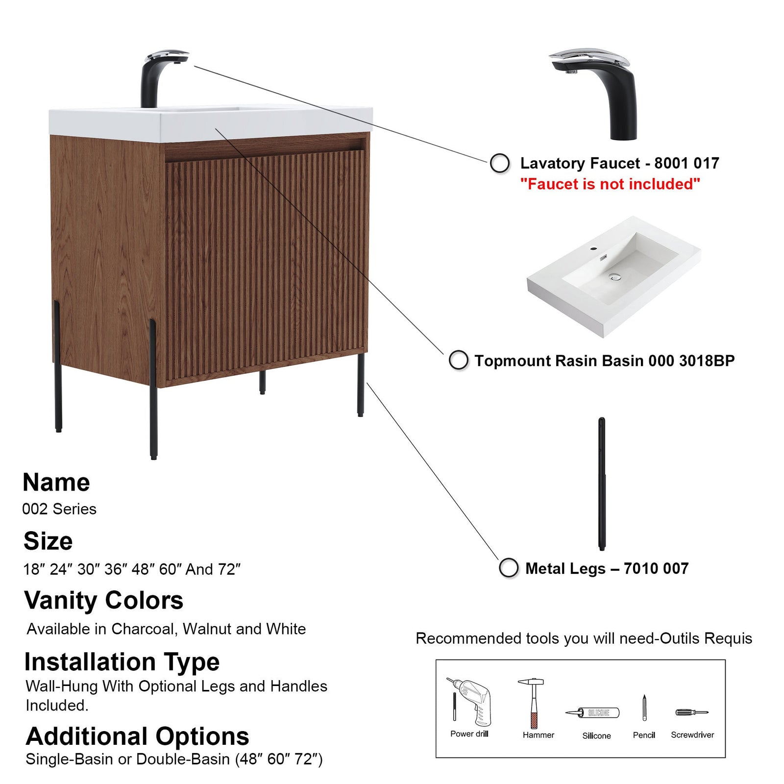 Dowell 30¡°(Fluted Bathroom Vanity Set ¡°(Pre-Assembled Cabinet Base with 2 Soft-Close Doors, Shelves & Ceramic/Resin Single Basin, Black/Golden Legs - 002 30 Series