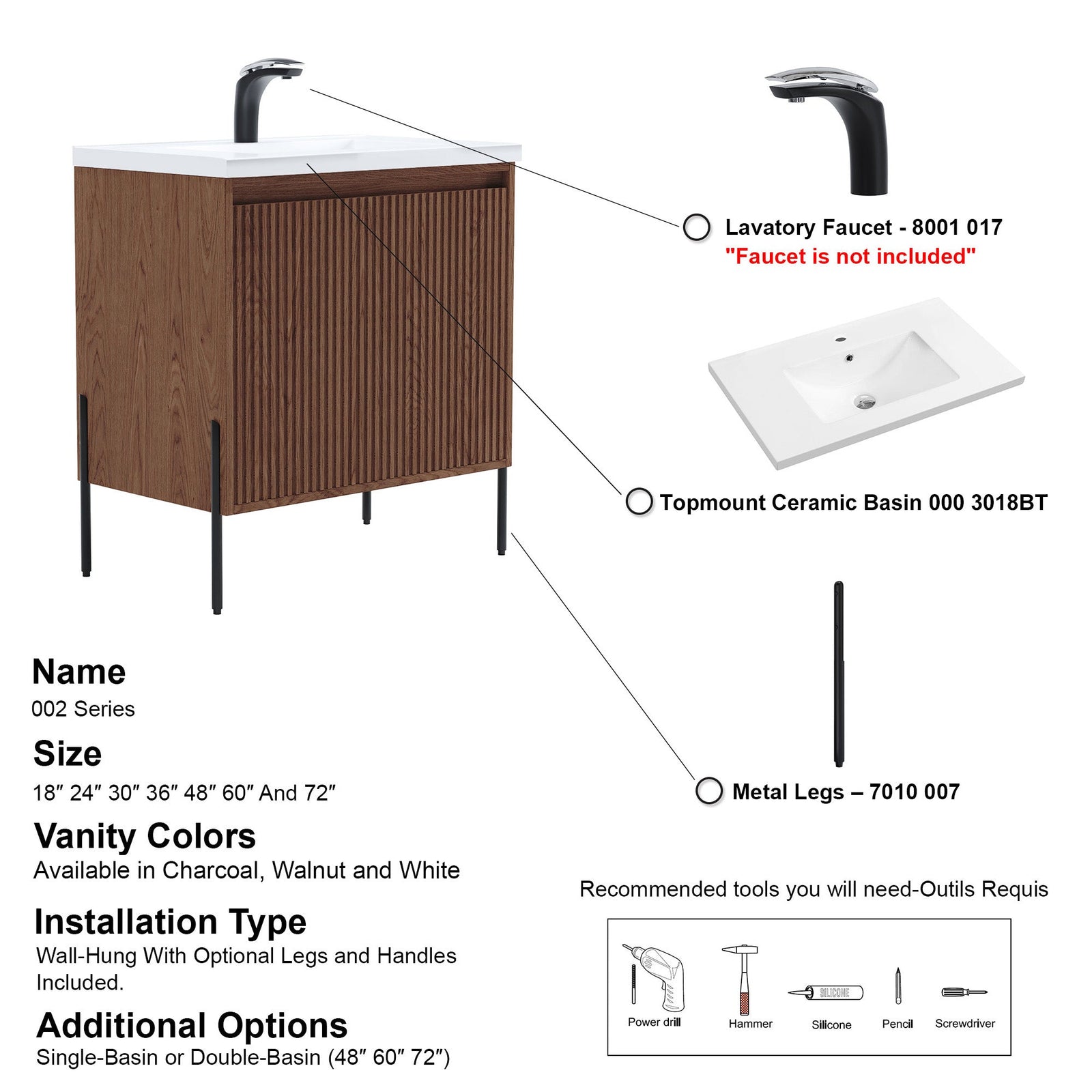 Dowell 30¡°(Fluted Bathroom Vanity Set ¡°(Pre-Assembled Cabinet Base with 2 Soft-Close Doors, Shelves & Ceramic/Resin Single Basin, Black/Golden Legs - 002 30 Series