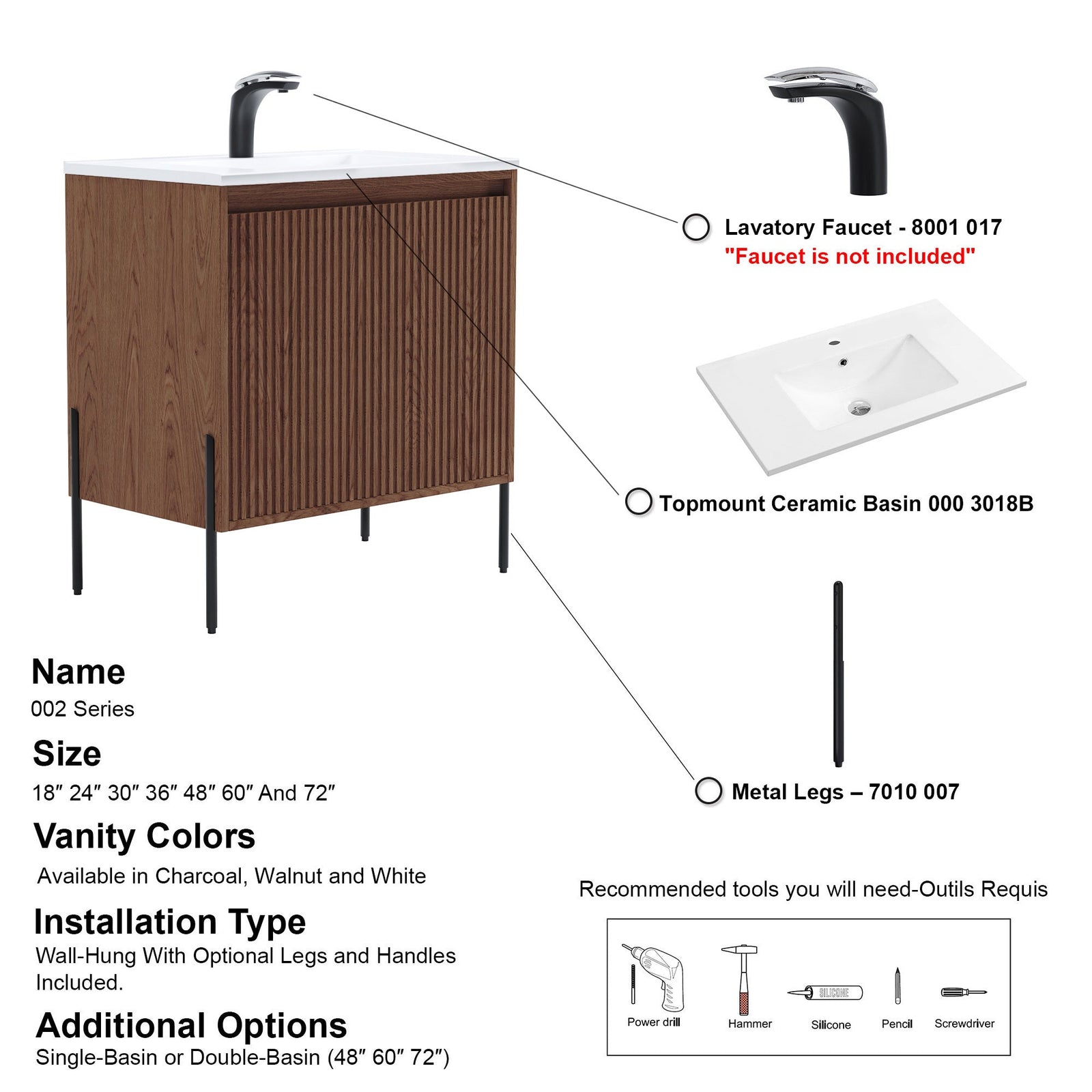 Dowell 30¡°(Fluted Bathroom Vanity Set ¡°(Pre-Assembled Cabinet Base with 2 Soft-Close Doors, Shelves & Ceramic/Resin Single Basin, Black/Golden Legs - 002 30 Series