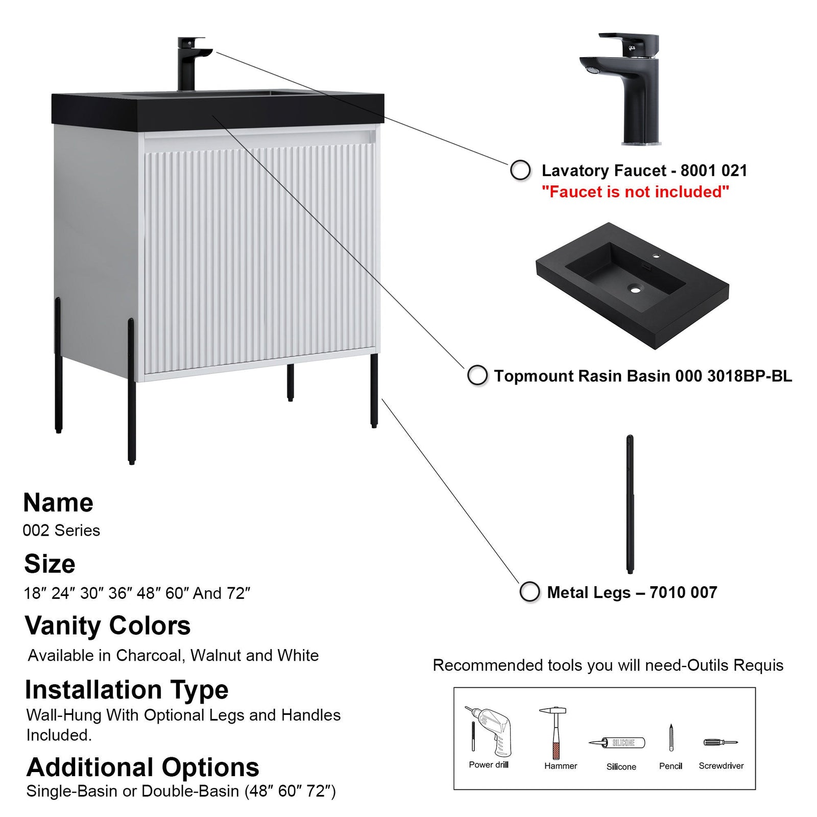 Dowell 30¡°(Fluted Bathroom Vanity Set ¡°(Pre-Assembled Cabinet Base with 2 Soft-Close Doors, Shelves & Ceramic/Resin Single Basin, Black/Golden Legs - 002 30 Series