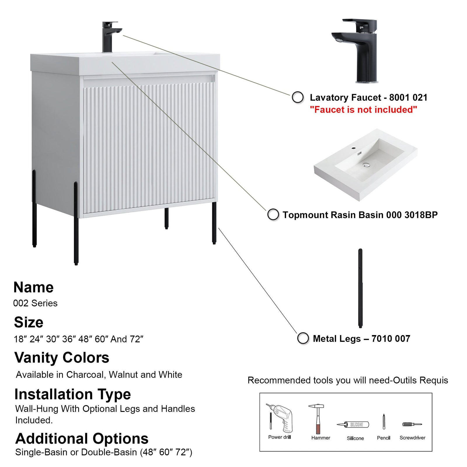 Dowell 30¡°(Fluted Bathroom Vanity Set ¡°(Pre-Assembled Cabinet Base with 2 Soft-Close Doors, Shelves & Ceramic/Resin Single Basin, Black/Golden Legs - 002 30 Series