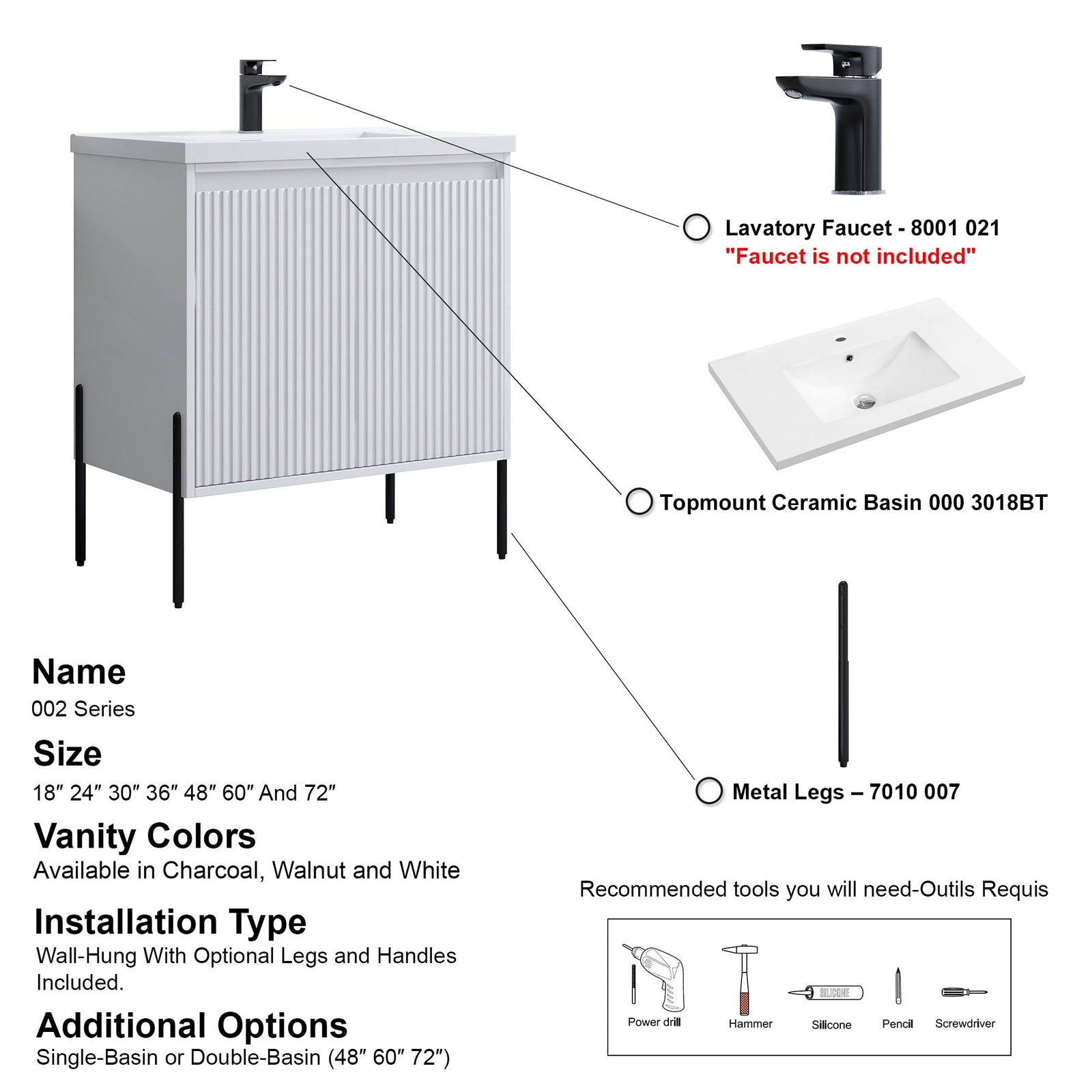Dowell 30¡°(Fluted Bathroom Vanity Set ¡°(Pre-Assembled Cabinet Base with 2 Soft-Close Doors, Shelves & Ceramic/Resin Single Basin, Black/Golden Legs - 002 30 Series