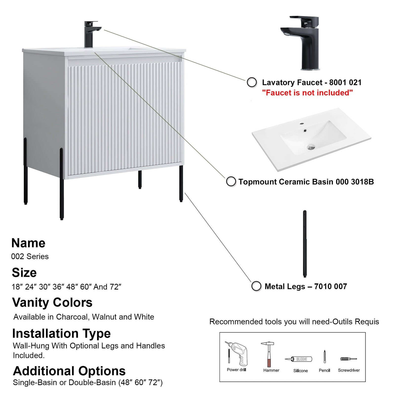 Dowell 30¡°(Fluted Bathroom Vanity Set ¡°(Pre-Assembled Cabinet Base with 2 Soft-Close Doors, Shelves & Ceramic/Resin Single Basin, Black/Golden Legs - 002 30 Series