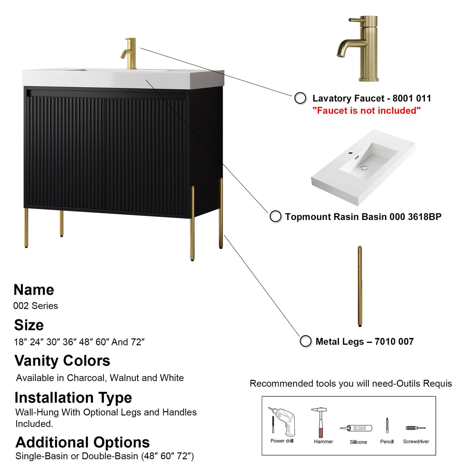 Dowell 36¡°(Fluted Bathroom Vanity Set ¡°(Assembled Cabinet Base with 2 Soft-Close Doors, Shelves & Ceramic/Resin Single Basin, Black/Golden Legs- 002 36 Series