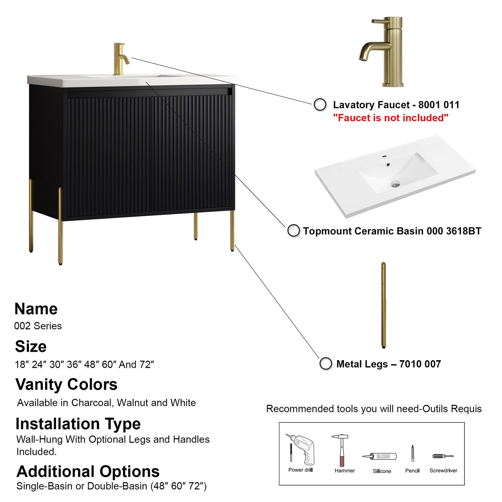 Dowell 36¡°(Fluted Bathroom Vanity Set ¡°(Assembled Cabinet Base with 2 Soft-Close Doors, Shelves & Ceramic/Resin Single Basin, Black/Golden Legs- 002 36 Series