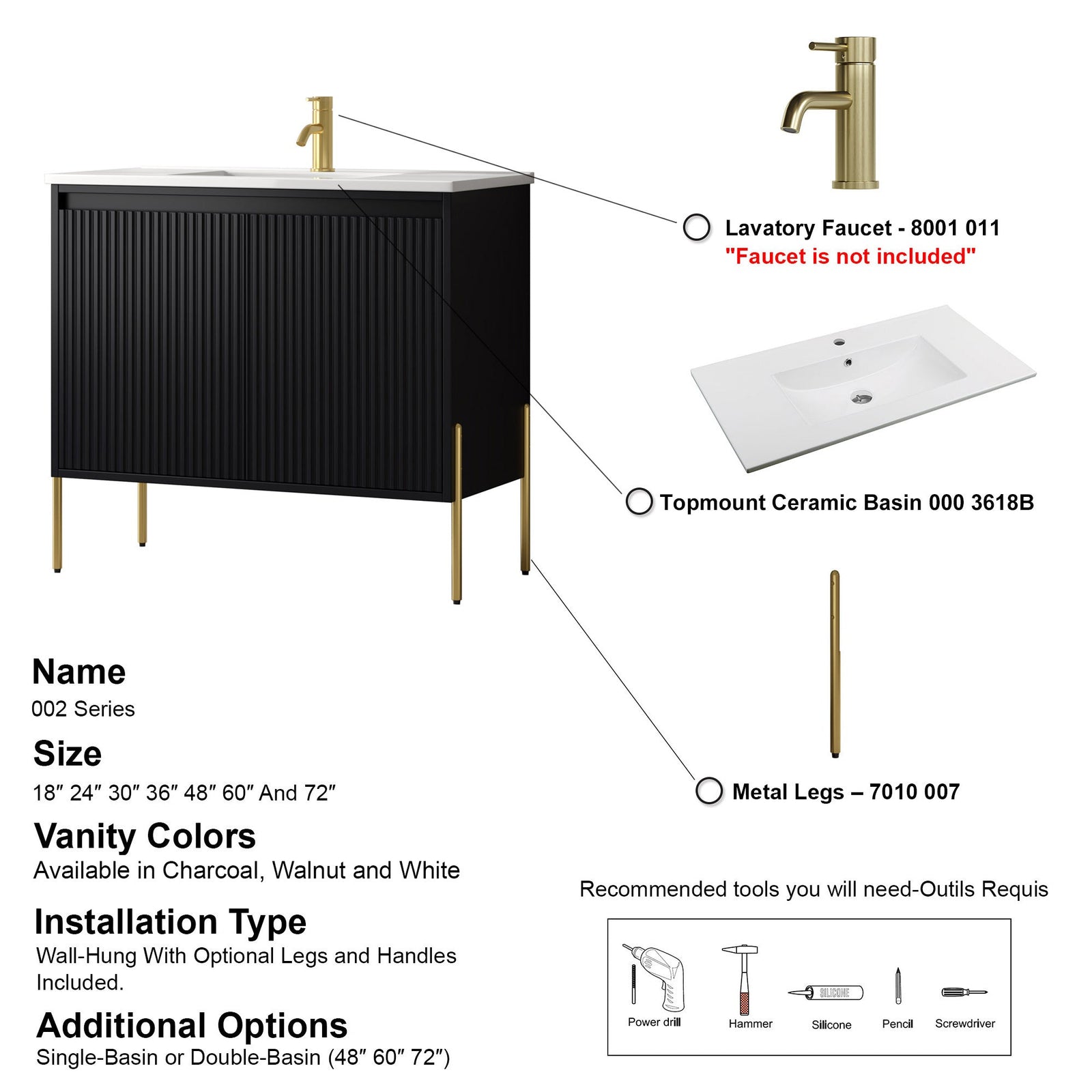 Dowell 36¡°(Fluted Bathroom Vanity Set ¡°(Assembled Cabinet Base with 2 Soft-Close Doors, Shelves & Ceramic/Resin Single Basin, Black/Golden Legs- 002 36 Series