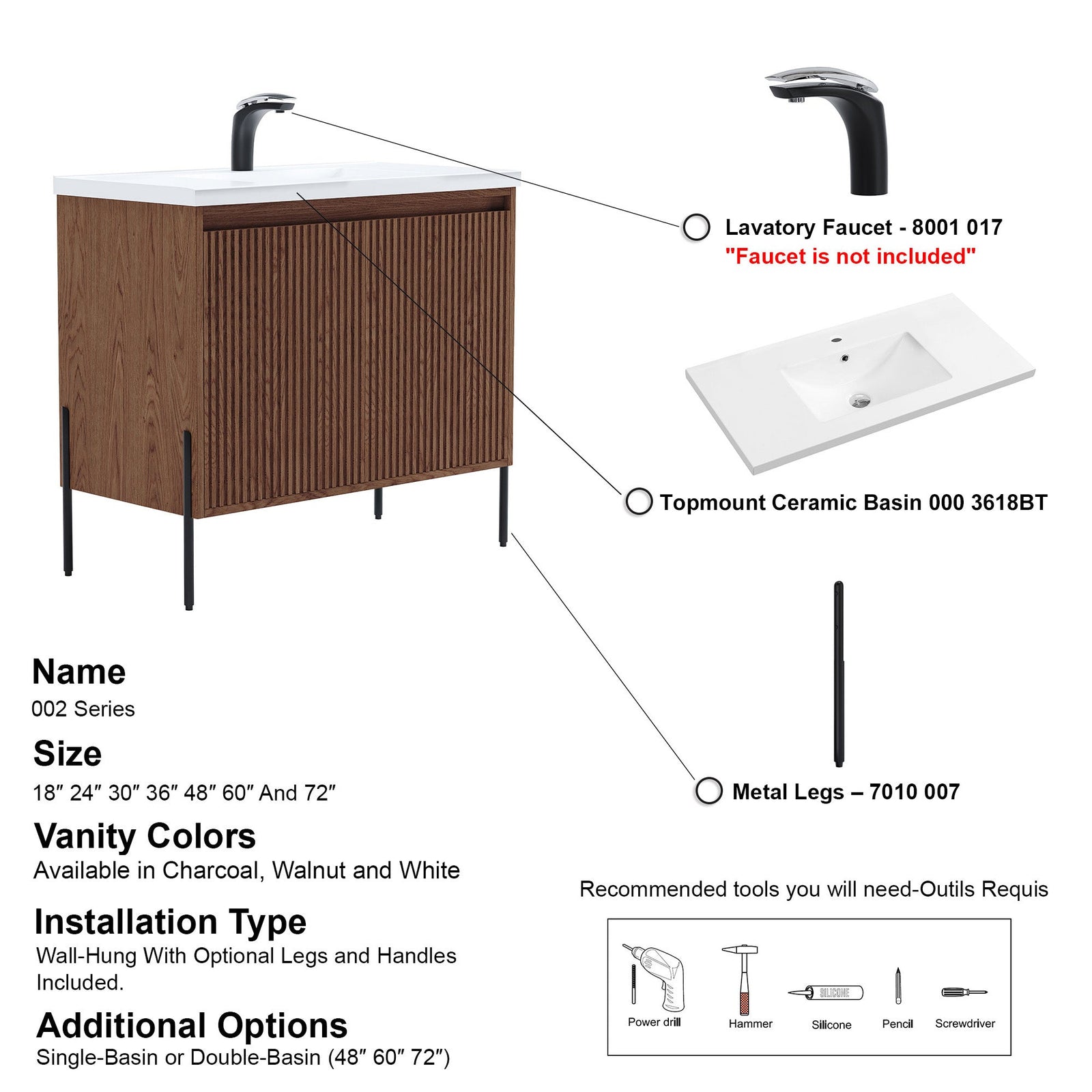 Dowell 36¡°(Fluted Bathroom Vanity Set ¡°(Assembled Cabinet Base with 2 Soft-Close Doors, Shelves & Ceramic/Resin Single Basin, Black/Golden Legs- 002 36 Series