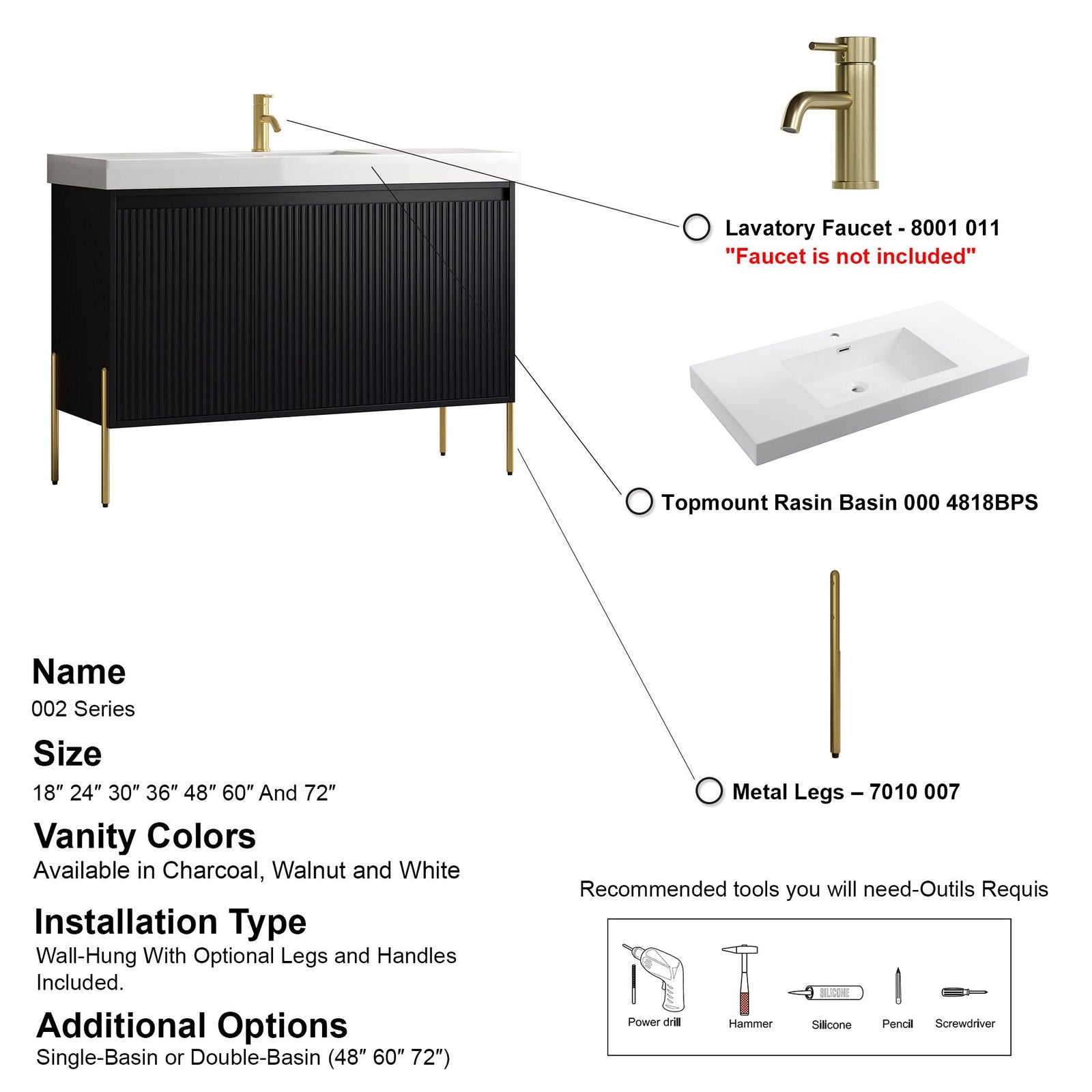 Dowell 48-Fluted Bathroom Vanity Set-(Assembled Cabinet Base with 3 Soft-Close Doors, Shelves & Ceramic/Resin Basin, Black/Golden Legs - 002 48 Series
