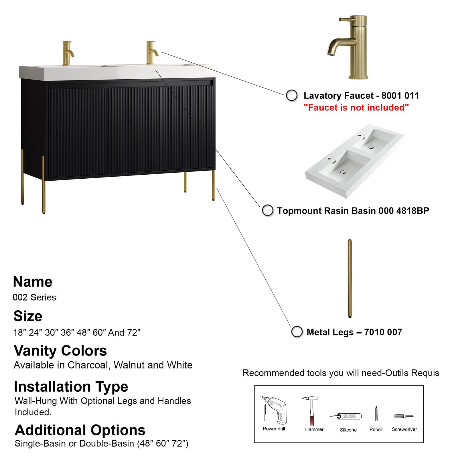 Dowell 48-Fluted Bathroom Vanity Set-(Assembled Cabinet Base with 3 Soft-Close Doors, Shelves & Ceramic/Resin Basin, Black/Golden Legs - 002 48 Series