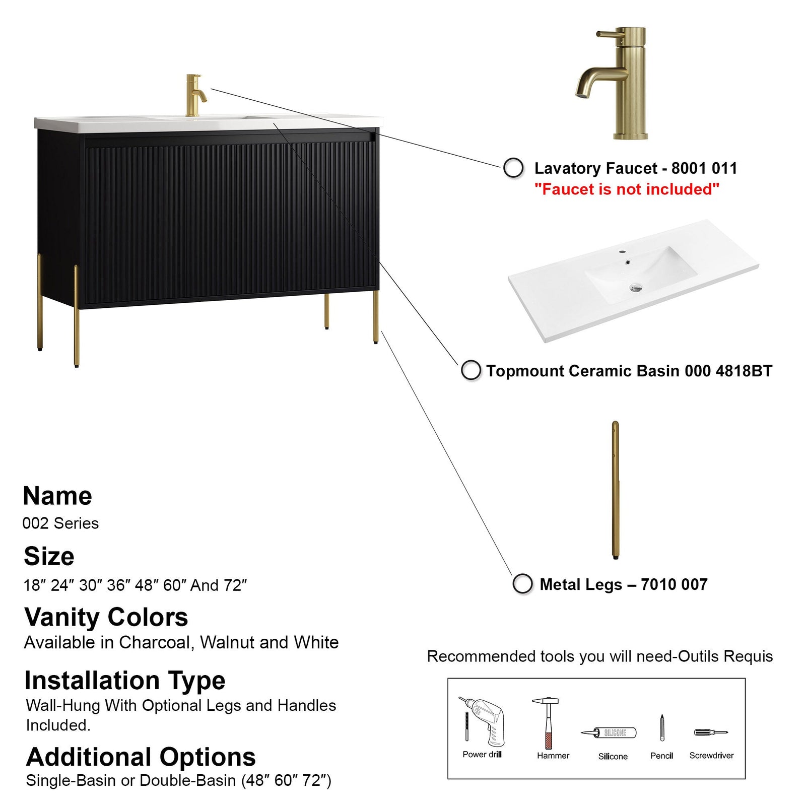 Dowell 48-Fluted Bathroom Vanity Set-(Assembled Cabinet Base with 3 Soft-Close Doors, Shelves & Ceramic/Resin Basin, Black/Golden Legs - 002 48 Series