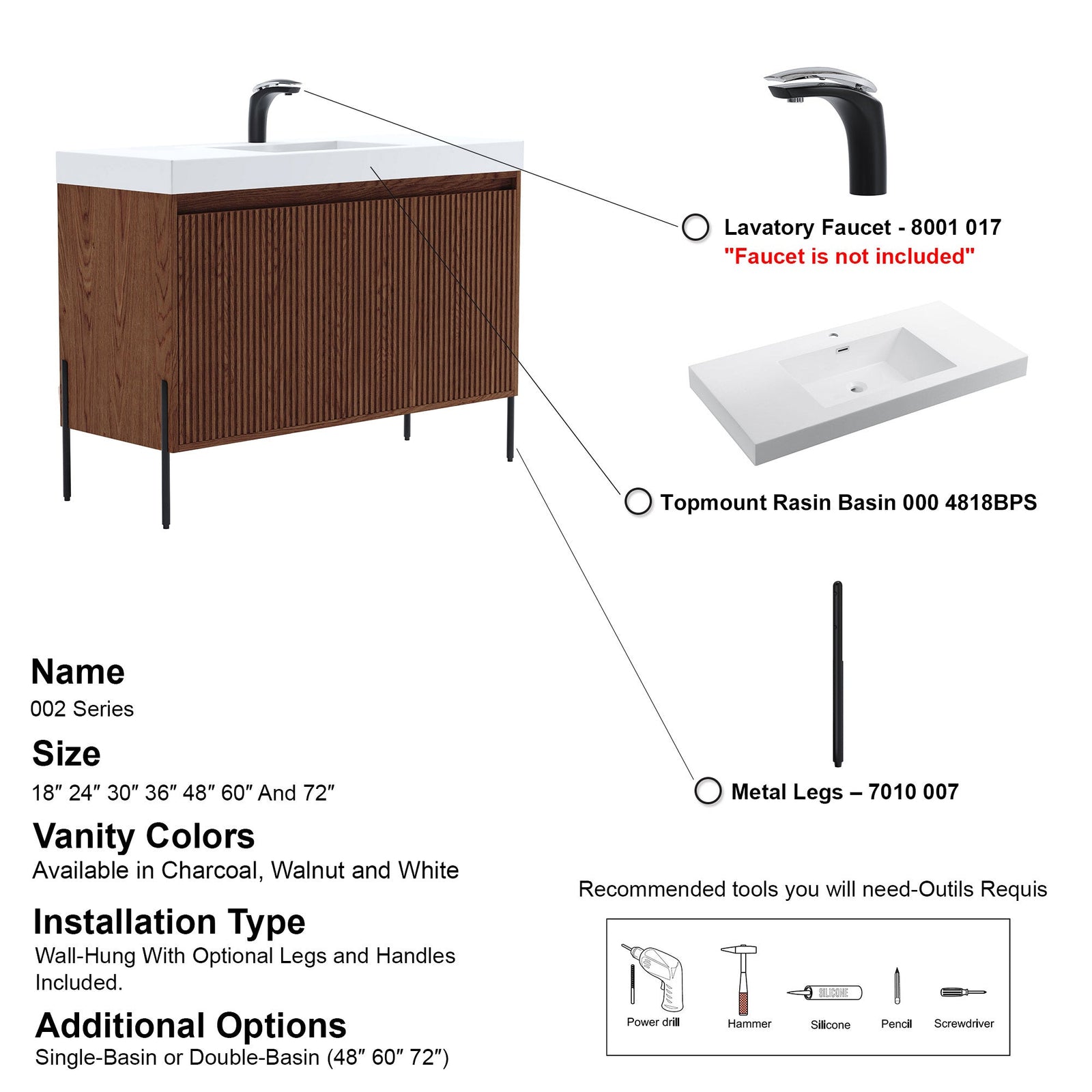 Dowell 48-Fluted Bathroom Vanity Set-(Assembled Cabinet Base with 3 Soft-Close Doors, Shelves & Ceramic/Resin Basin, Black/Golden Legs - 002 48 Series