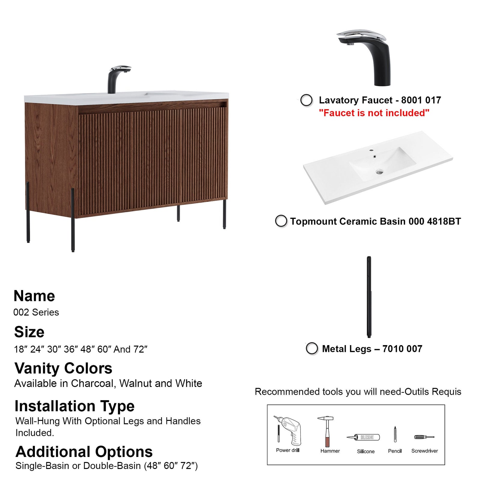 Dowell 48-Fluted Bathroom Vanity Set-(Assembled Cabinet Base with 3 Soft-Close Doors, Shelves & Ceramic/Resin Basin, Black/Golden Legs - 002 48 Series