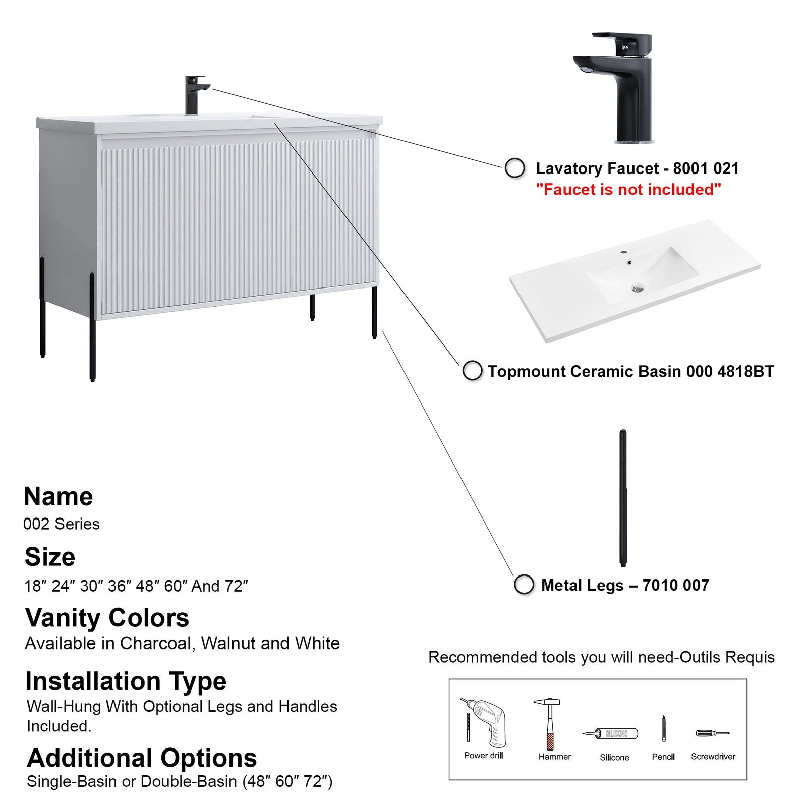 Dowell 48-Fluted Bathroom Vanity Set-(Assembled Cabinet Base with 3 Soft-Close Doors, Shelves & Ceramic/Resin Basin, Black/Golden Legs - 002 48 Series