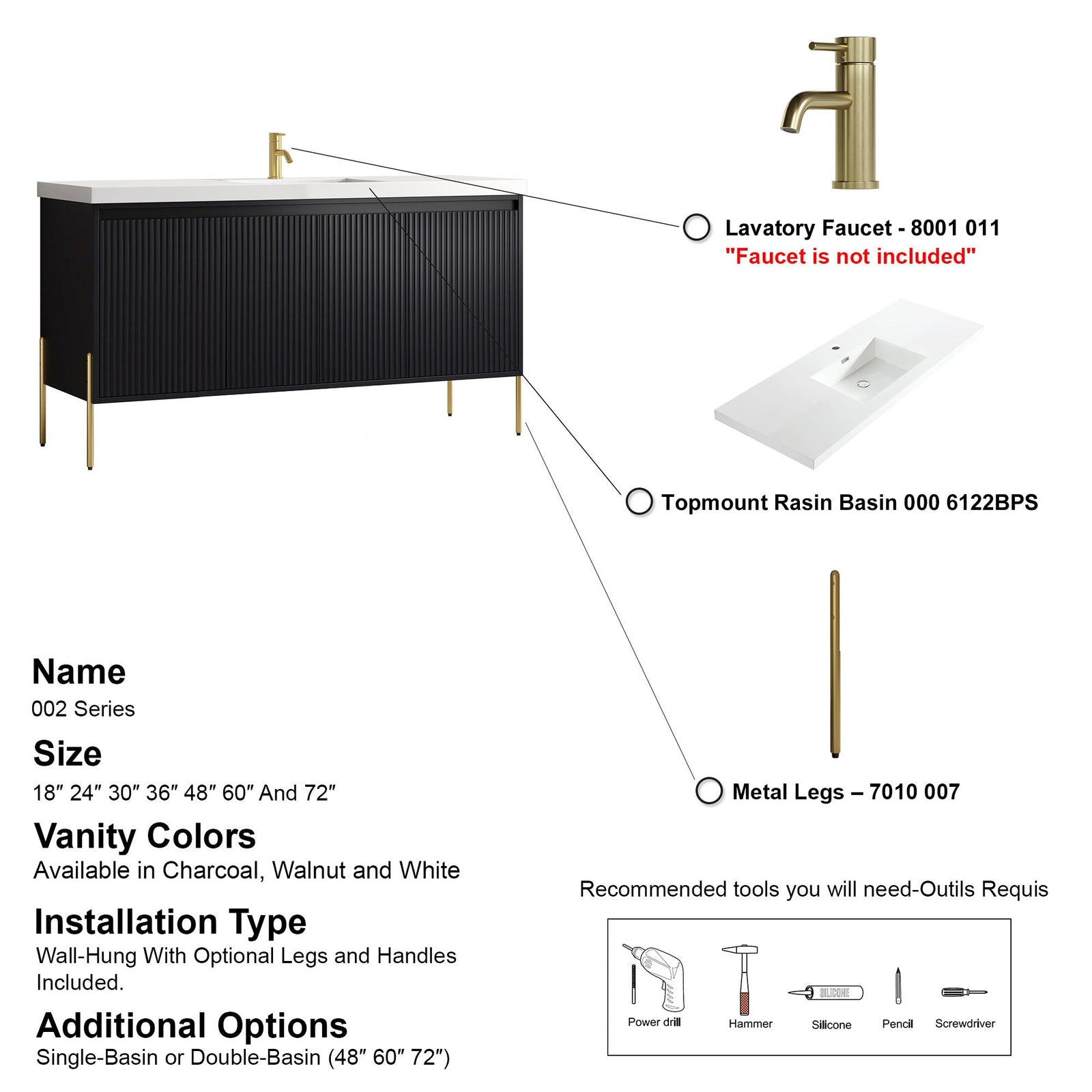Dowell 60¡°(Fluted Bathroom Vanity Set ¡°(Assembled Cabinet Base with 4 Soft-Close Doors, Shelves & Resin Basin - 002 60 Series