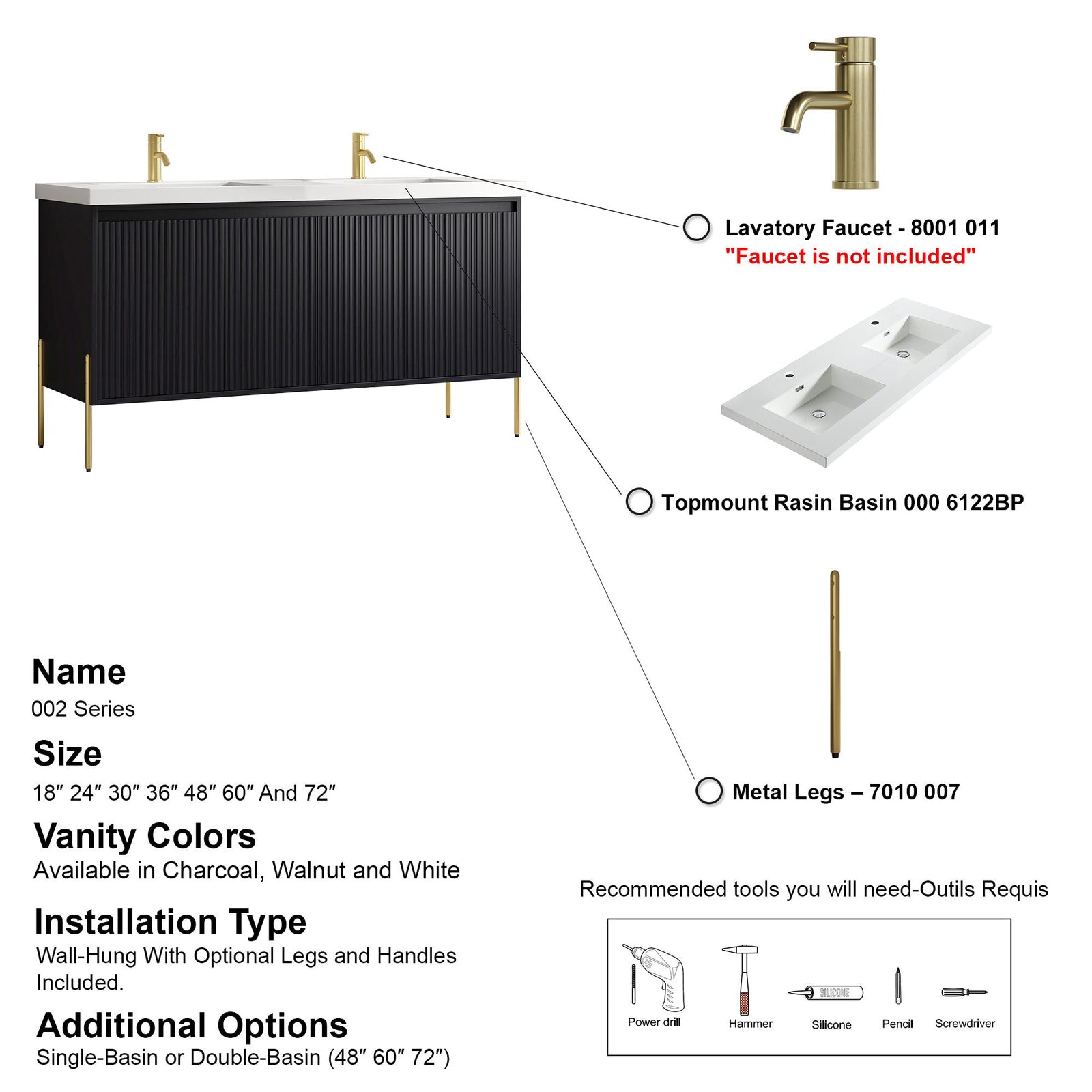 Dowell 60¡°(Fluted Bathroom Vanity Set ¡°(Assembled Cabinet Base with 4 Soft-Close Doors, Shelves & Resin Basin - 002 60 Series