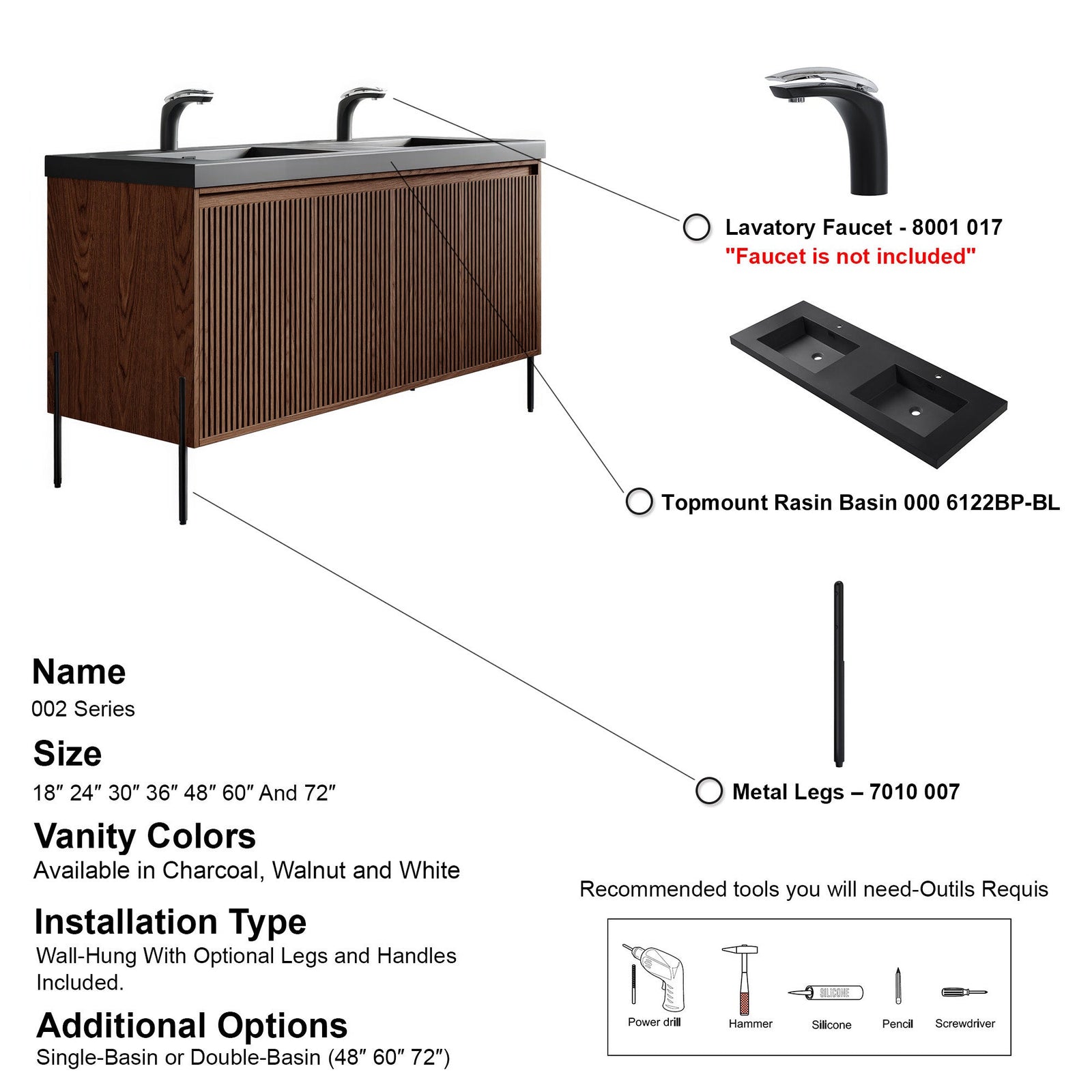 Dowell 60¡°(Fluted Bathroom Vanity Set ¡°(Assembled Cabinet Base with 4 Soft-Close Doors, Shelves & Resin Basin - 002 60 Series