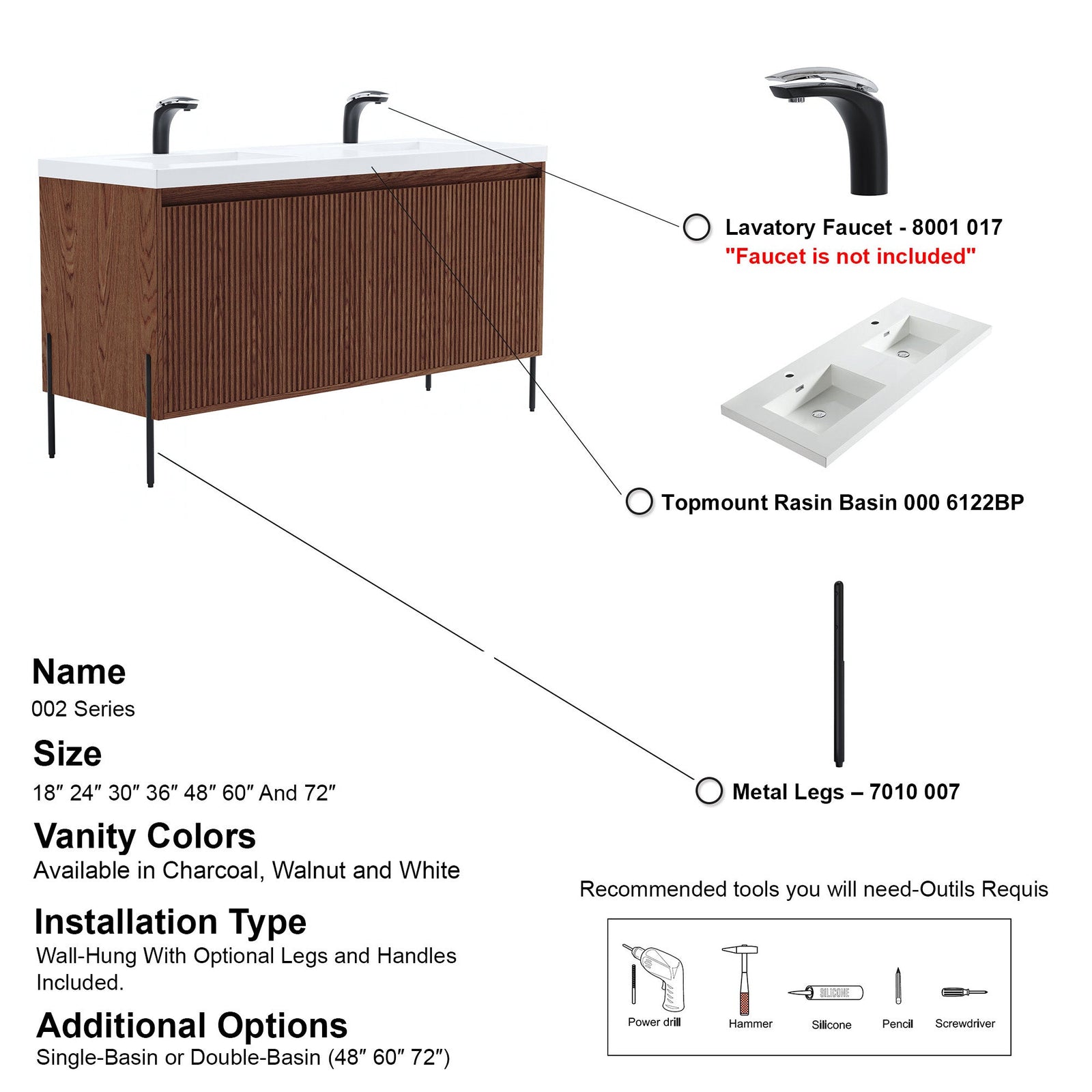 Dowell 60¡°(Fluted Bathroom Vanity Set ¡°(Assembled Cabinet Base with 4 Soft-Close Doors, Shelves & Resin Basin - 002 60 Series