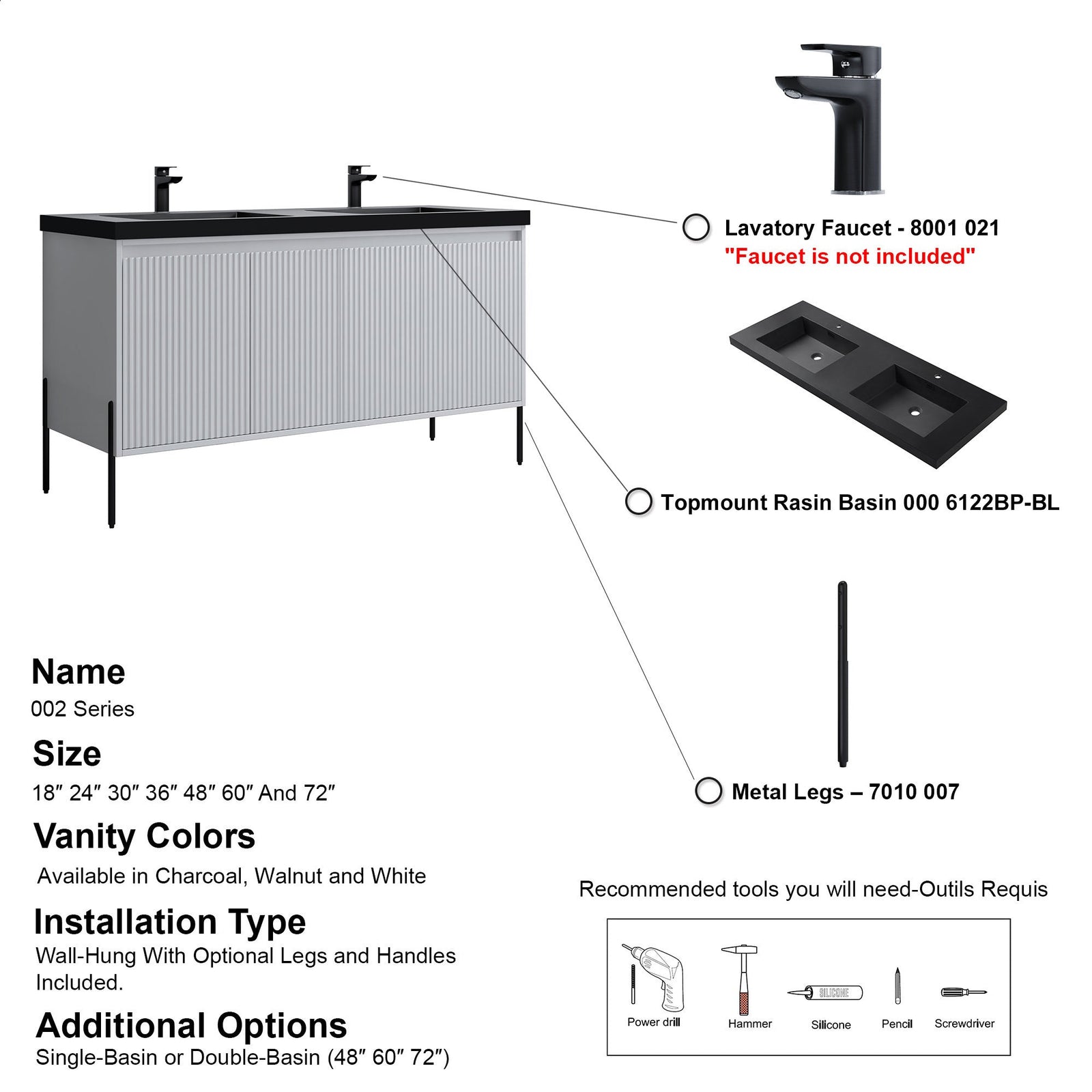 Dowell 60¡°(Fluted Bathroom Vanity Set ¡°(Assembled Cabinet Base with 4 Soft-Close Doors, Shelves & Resin Basin - 002 60 Series