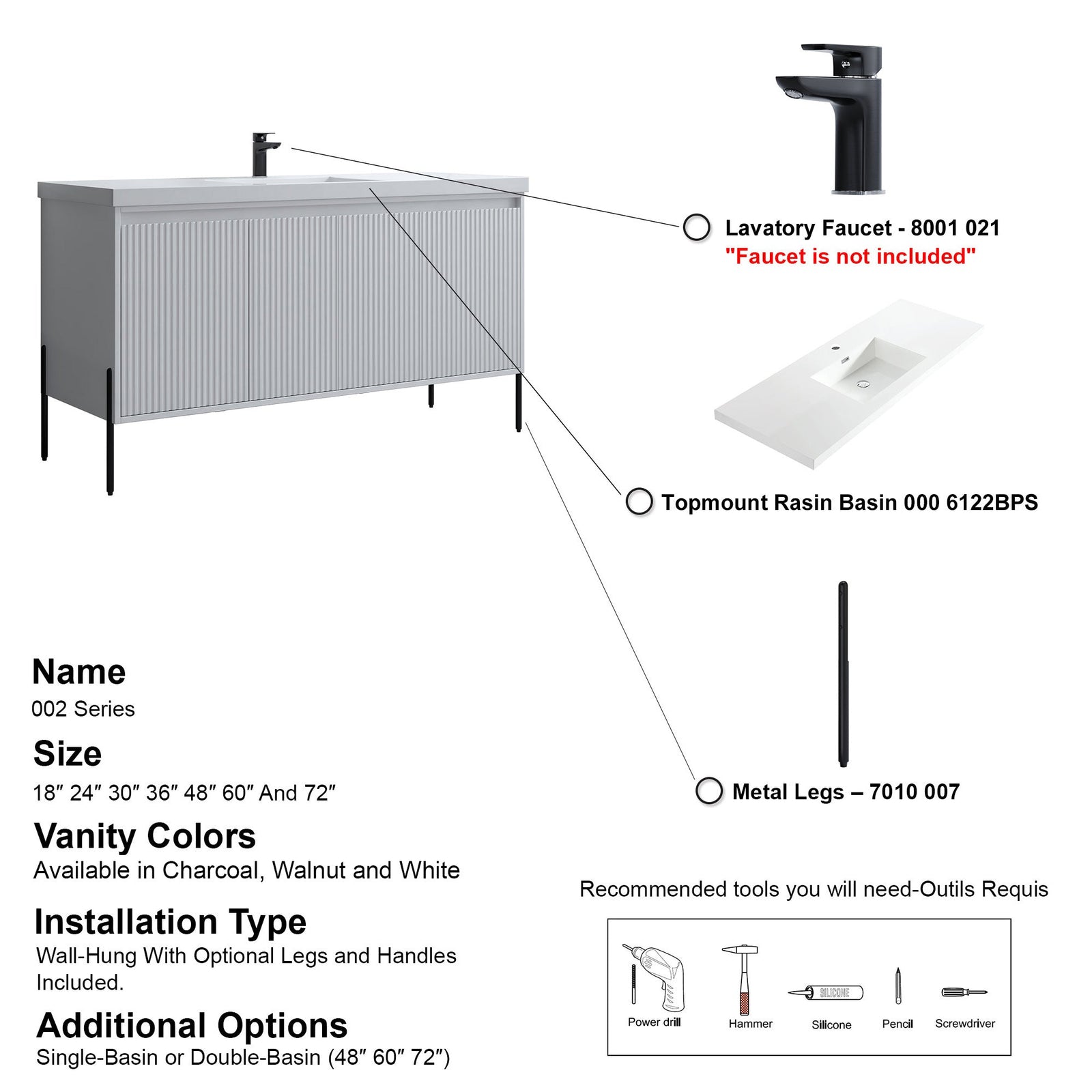 Dowell 60¡°(Fluted Bathroom Vanity Set ¡°(Assembled Cabinet Base with 4 Soft-Close Doors, Shelves & Resin Basin - 002 60 Series