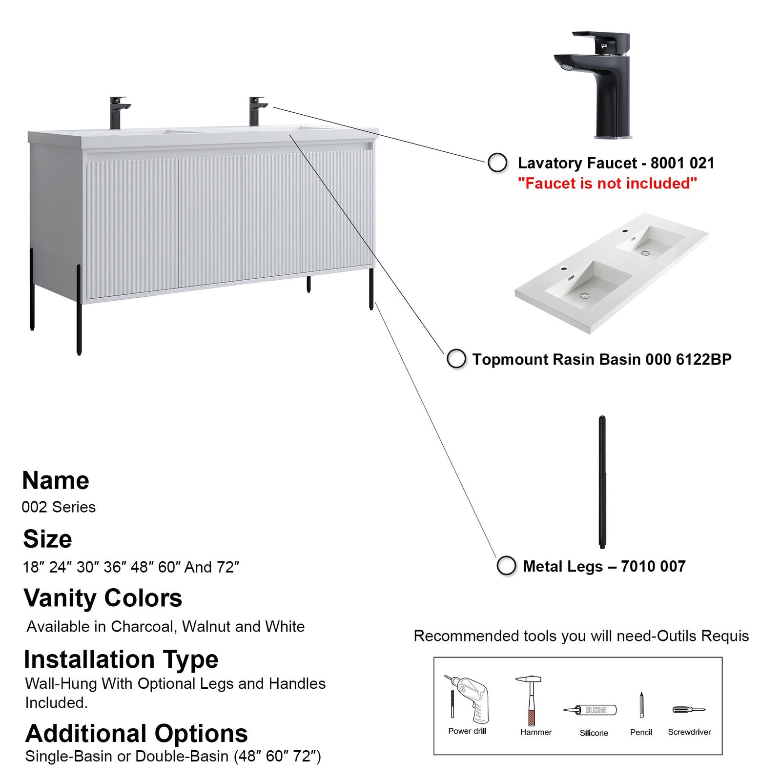 Dowell 60¡°(Fluted Bathroom Vanity Set ¡°(Assembled Cabinet Base with 4 Soft-Close Doors, Shelves & Resin Basin - 002 60 Series