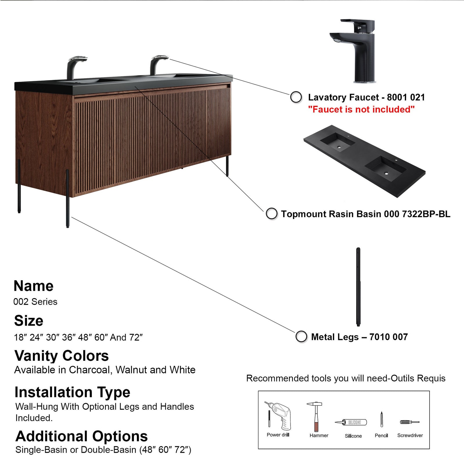 Dowell 72¡°(Fluted Bathroom Vanity Set ¡°(Assembled Cabinet Base with 5 Soft-Close Doors, Shelves &  Resin Double Basin - 002 72 Sereis
