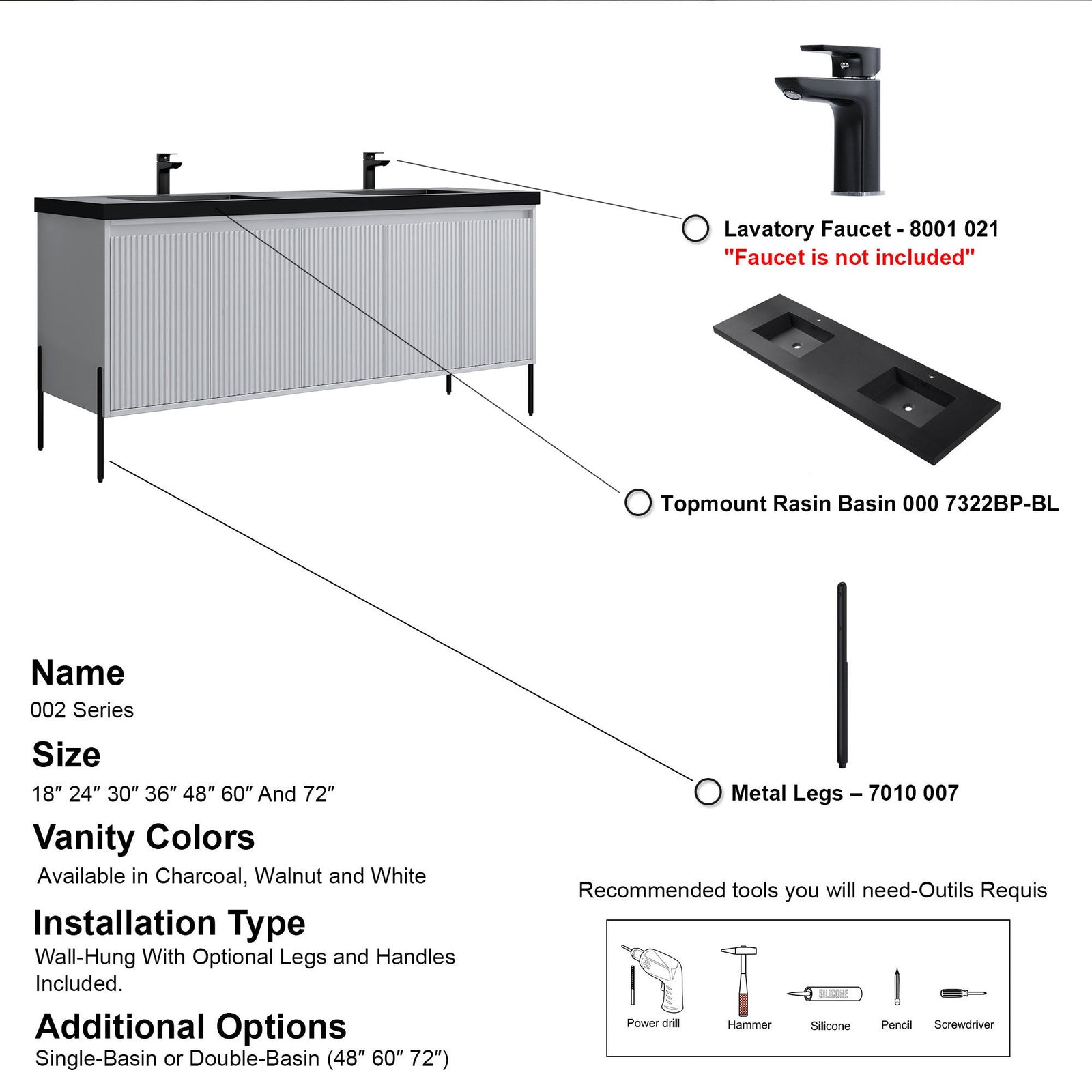 Dowell 72¡°(Fluted Bathroom Vanity Set ¡°(Assembled Cabinet Base with 5 Soft-Close Doors, Shelves &  Resin Double Basin - 002 72 Sereis