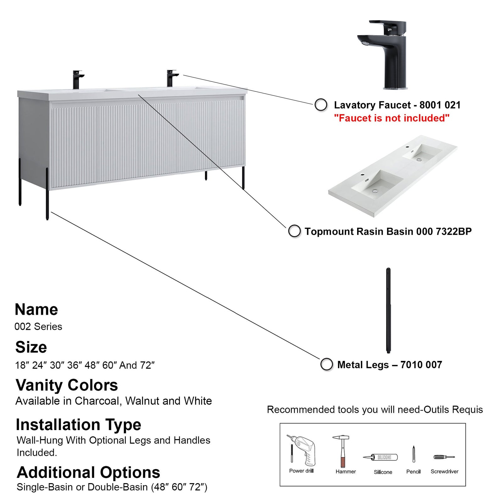 Dowell 72¡°(Fluted Bathroom Vanity Set ¡°(Assembled Cabinet Base with 5 Soft-Close Doors, Shelves &  Resin Double Basin - 002 72 Sereis
