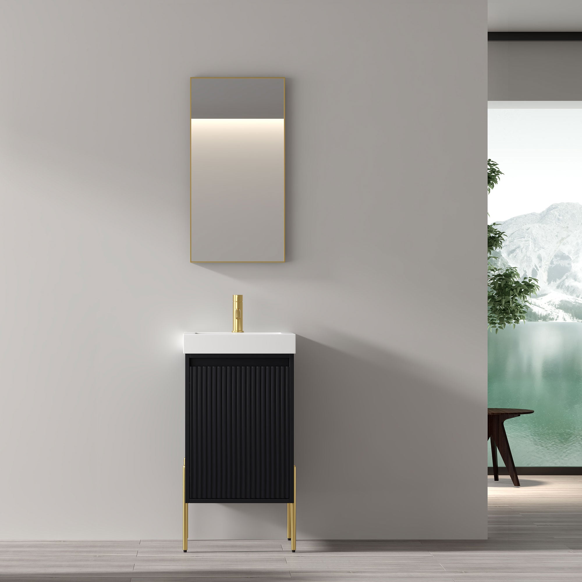 Dowell 18" Fluted Design Charcoal Vanity Set – Modern Pre-Assembled Bathroom Cabinet with Soft-Close Door & Shelf, White Resin Basin,Black/Gold Legs - 002 18 Series