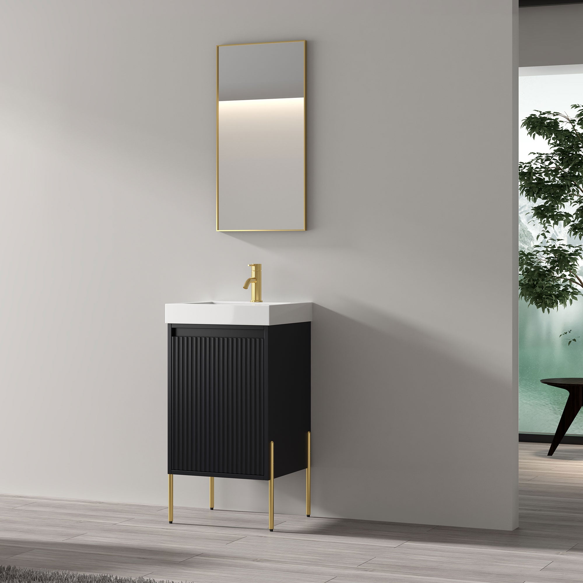 Dowell 18" Fluted Design Vanity Set ¡°(Modern Pre-Assembled Bathroom Cabinet with Soft-Close Door & Shelf, White Resin Basin,Black/Gold Legs - 002 18 Series