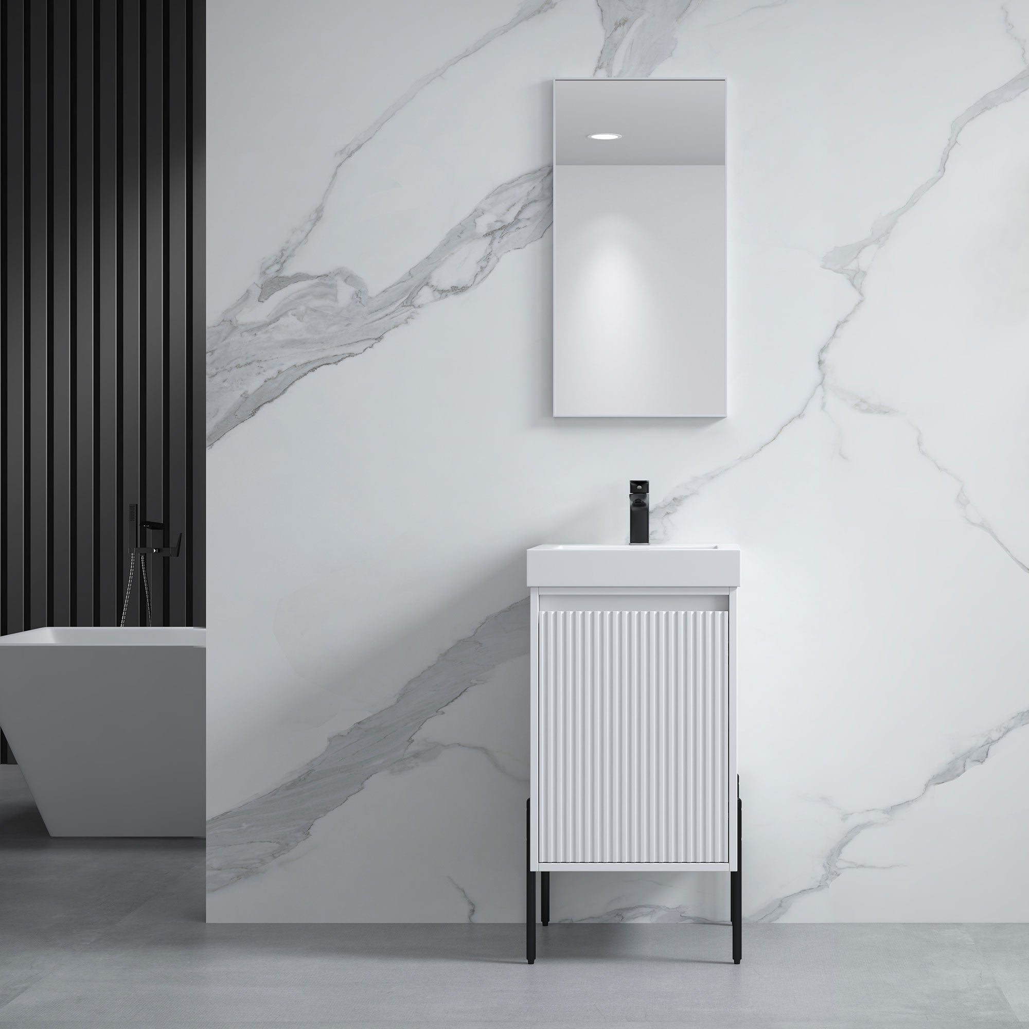 Dowell 18" Fluted Design White Vanity Set – Modern Pre-Assembled Bathroom Cabinet with Soft-Close Door & Shelf, White Resin Basin,Black/Gold Legs - 002 18 Series