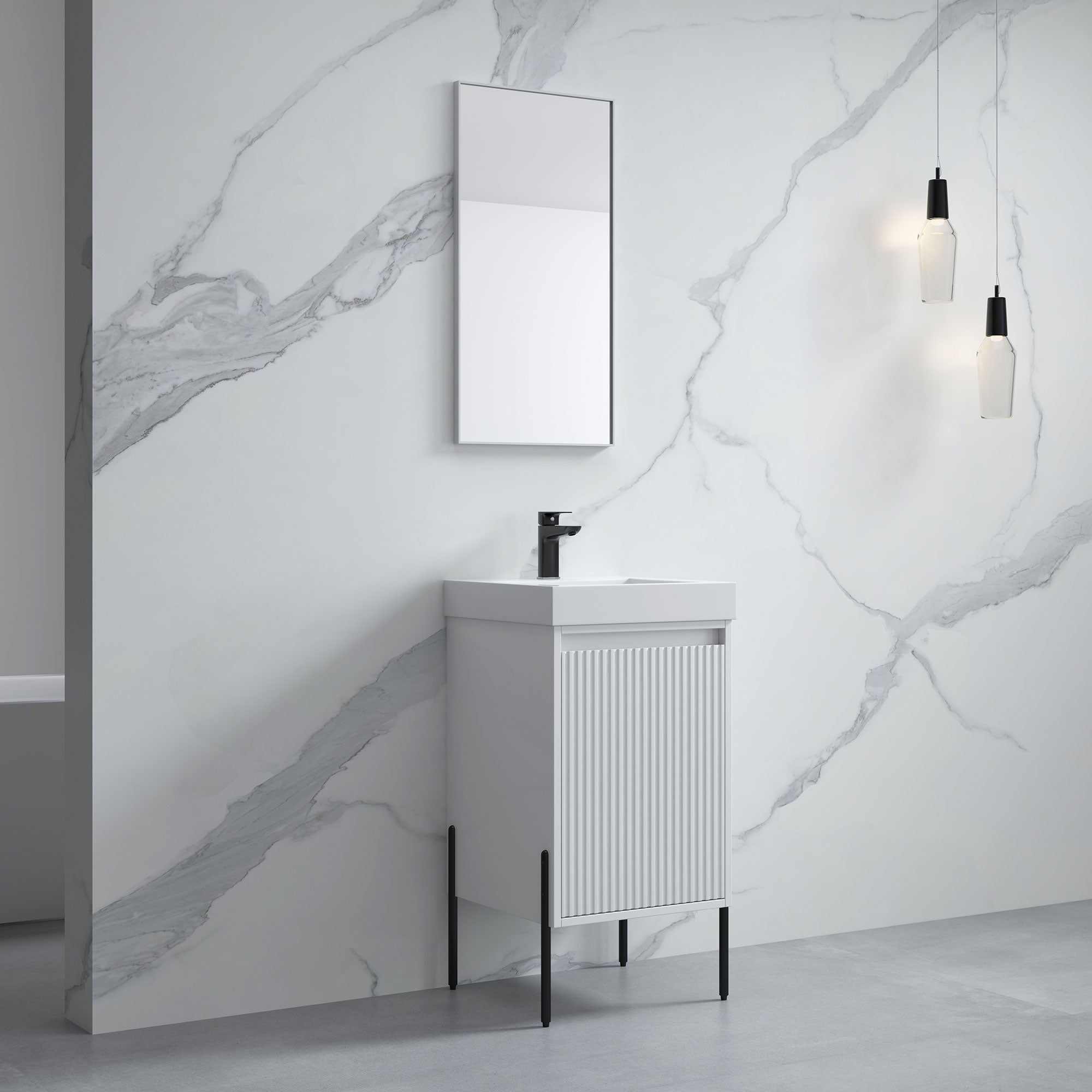 Dowell 18" Fluted Design White Vanity Set – Modern Pre-Assembled Bathroom Cabinet with Soft-Close Door & Shelf, White Resin Basin,Black/Gold Legs - 002 18 Series