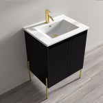 Dowell 24" Fluted Design Vanity Set ¡°(Modern Pre-Assembled Bathroom Cabinet with Soft-Close Doors & Shelf, Ceramic/Resin Basin, Black/Golden Legs - 002 24 Series