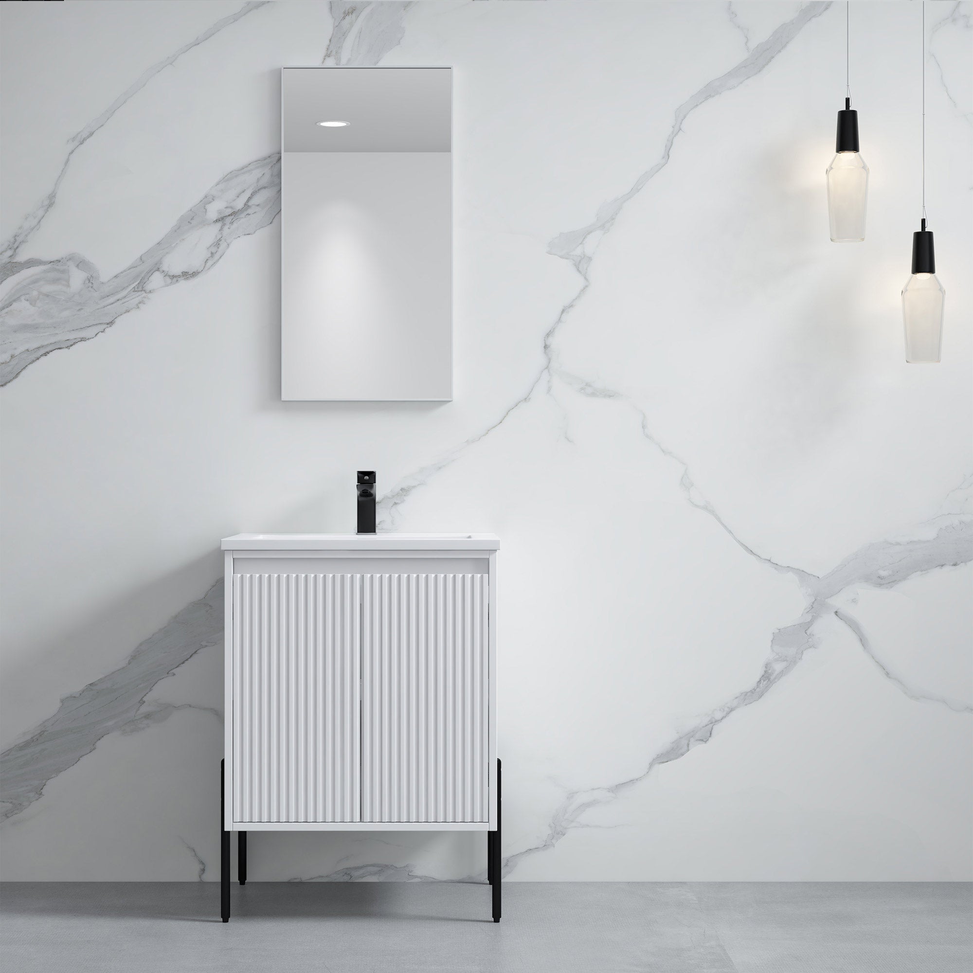 Dowell 24" Fluted Design Vanity Set ¡°(Modern Pre-Assembled Bathroom Cabinet with Soft-Close Doors & Shelf, Ceramic/Resin Basin, Black/Golden Legs - 002 24 Series
