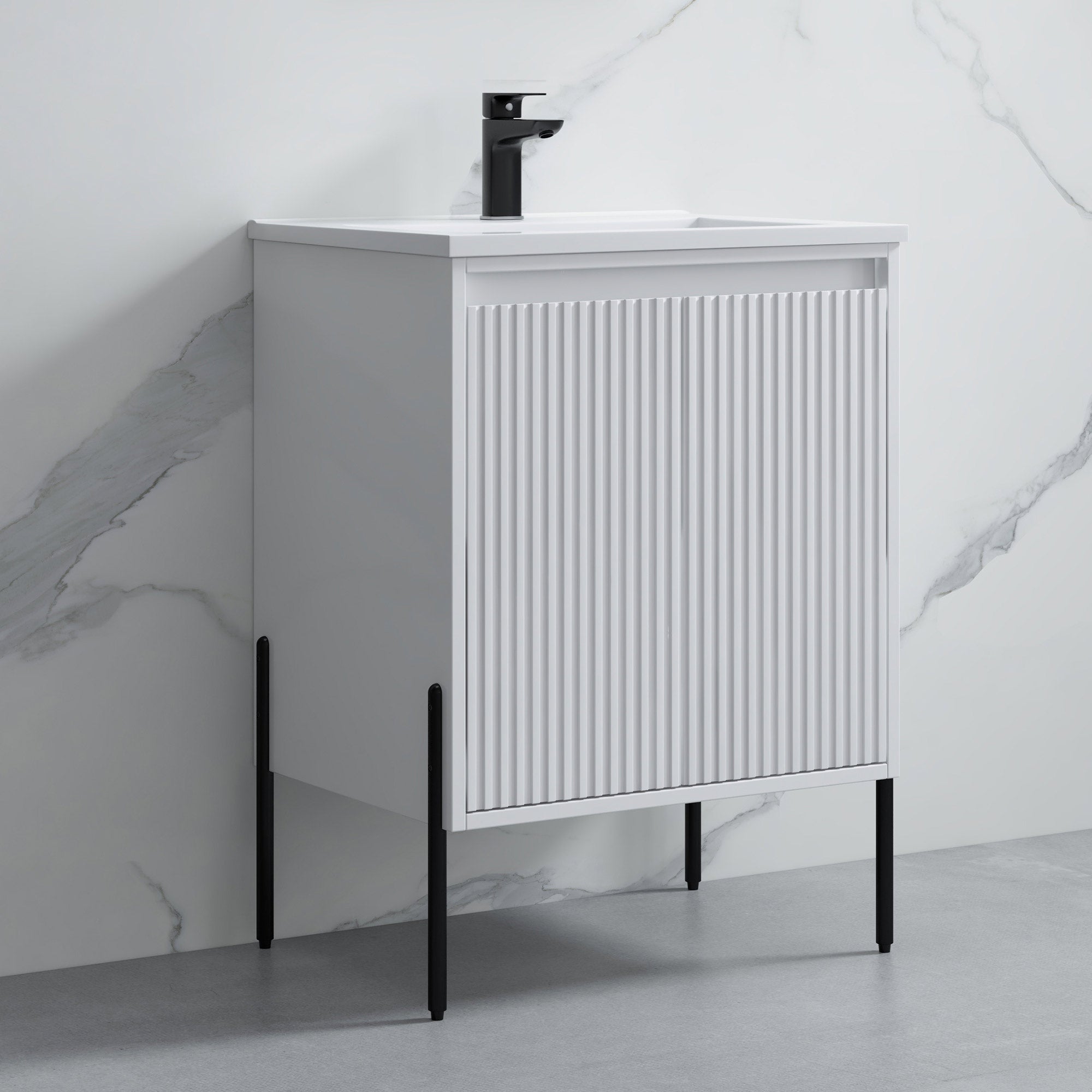 Dowell 24" Fluted Design Vanity Set ¡°(Modern Pre-Assembled Bathroom Cabinet with Soft-Close Doors & Shelf, Ceramic/Resin Basin, Black/Golden Legs - 002 24 Series