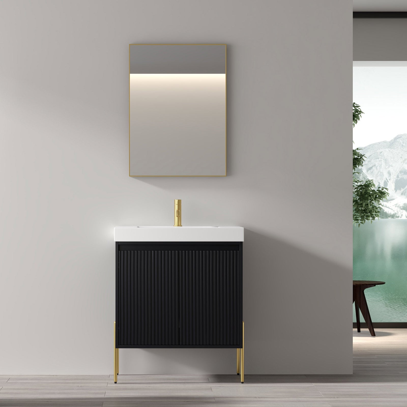 Dowell 30¡°(Fluted Bathroom Vanity Set ¡°(Pre-Assembled Cabinet Base with 2 Soft-Close Doors, Shelves & Ceramic/Resin Single Basin, Black/Golden Legs - 002 30 Series
