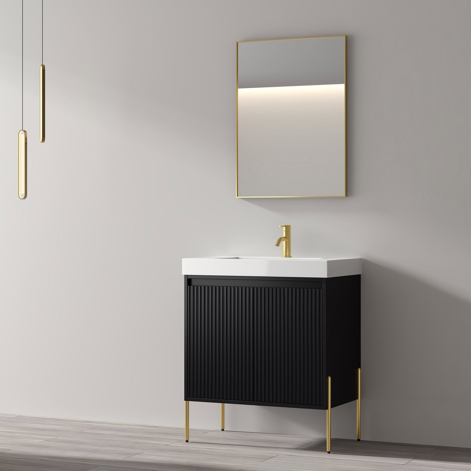 Dowell 30¡°(Fluted Bathroom Vanity Set ¡°(Pre-Assembled Cabinet Base with 2 Soft-Close Doors, Shelves & Ceramic/Resin Single Basin, Black/Golden Legs - 002 30 Series