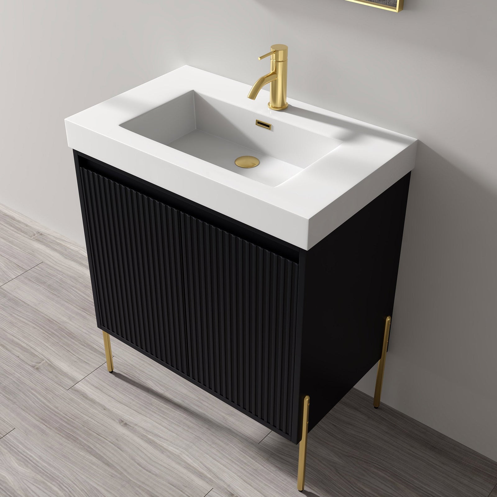 Dowell 30¡°(Fluted Bathroom Vanity Set ¡°(Pre-Assembled Cabinet Base with 2 Soft-Close Doors, Shelves & Ceramic/Resin Single Basin, Black/Golden Legs - 002 30 Series