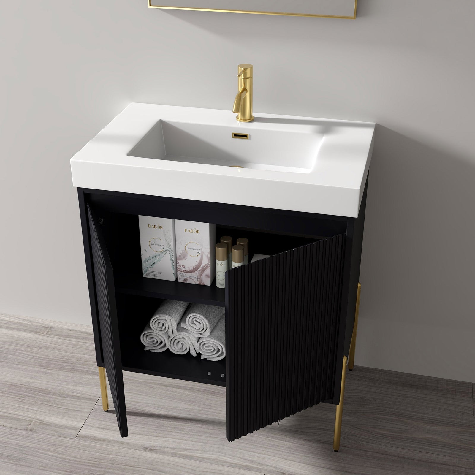 Dowell 30¡°(Fluted Bathroom Vanity Set ¡°(Pre-Assembled Cabinet Base with 2 Soft-Close Doors, Shelves & Ceramic/Resin Single Basin, Black/Golden Legs - 002 30 Series