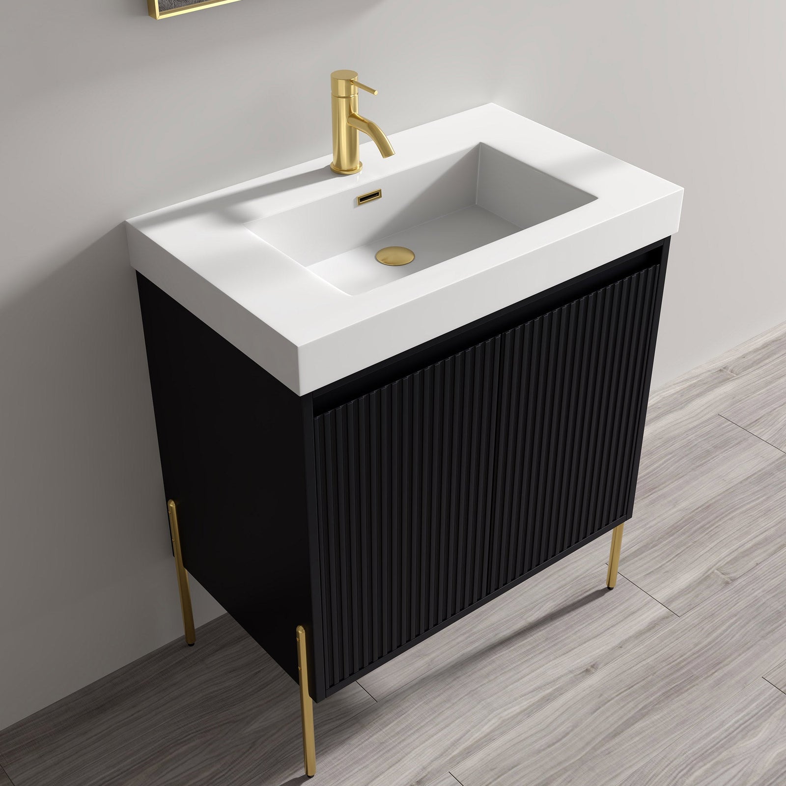 Dowell 30¡°(Fluted Bathroom Vanity Set ¡°(Pre-Assembled Cabinet Base with 2 Soft-Close Doors, Shelves & Ceramic/Resin Single Basin, Black/Golden Legs - 002 30 Series