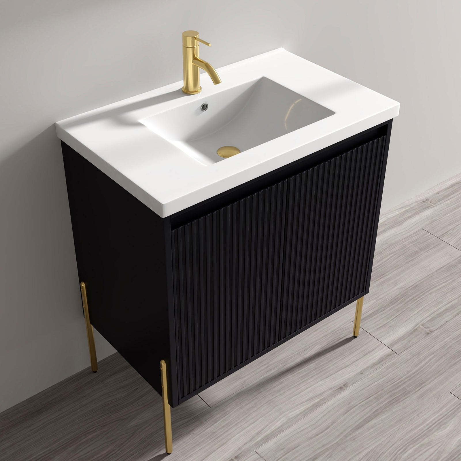 Dowell 30¡°(Fluted Bathroom Vanity Set ¡°(Pre-Assembled Cabinet Base with 2 Soft-Close Doors, Shelves & Ceramic/Resin Single Basin, Black/Golden Legs - 002 30 Series
