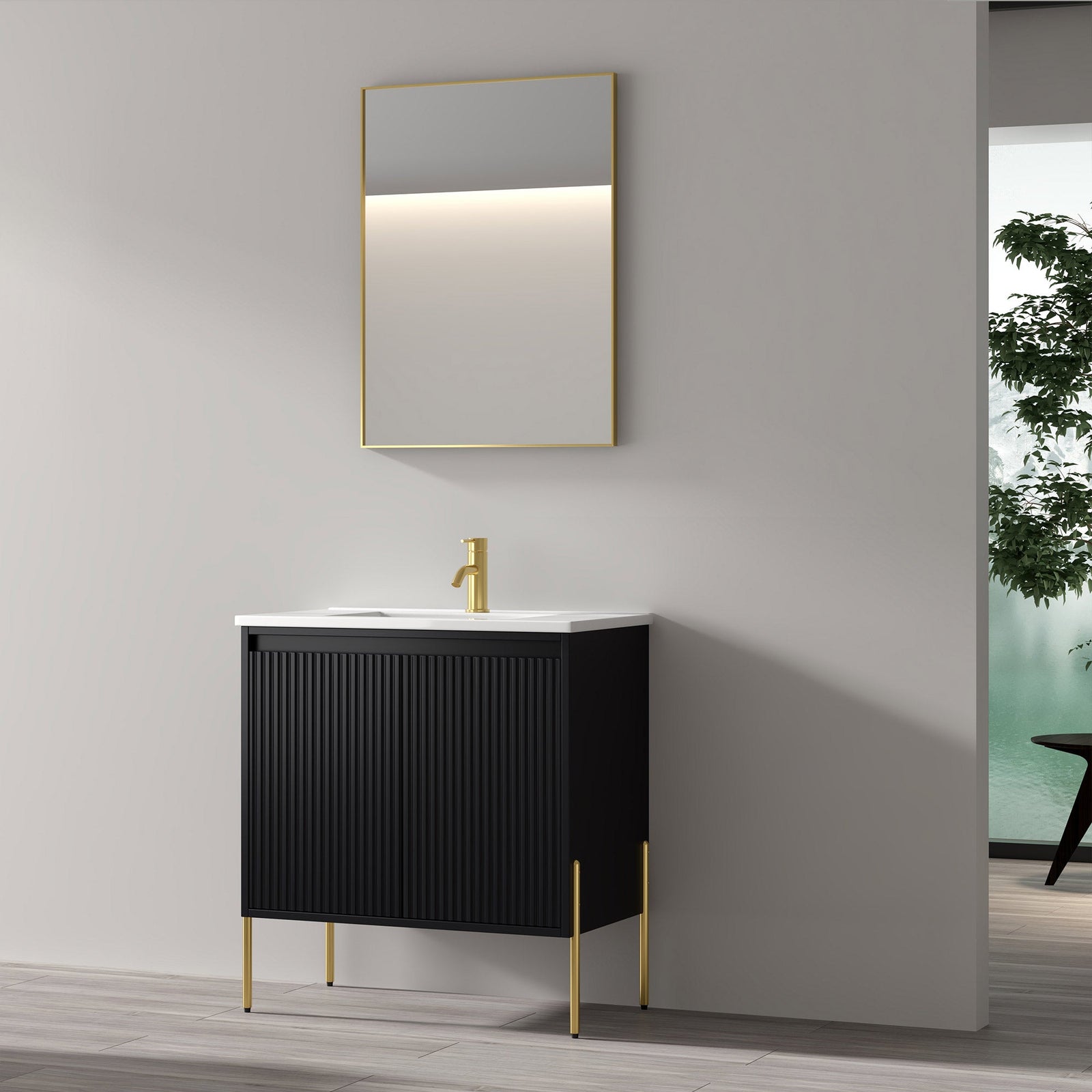 Dowell 30¡°(Fluted Bathroom Vanity Set ¡°(Pre-Assembled Cabinet Base with 2 Soft-Close Doors, Shelves & Ceramic/Resin Single Basin, Black/Golden Legs - 002 30 Series