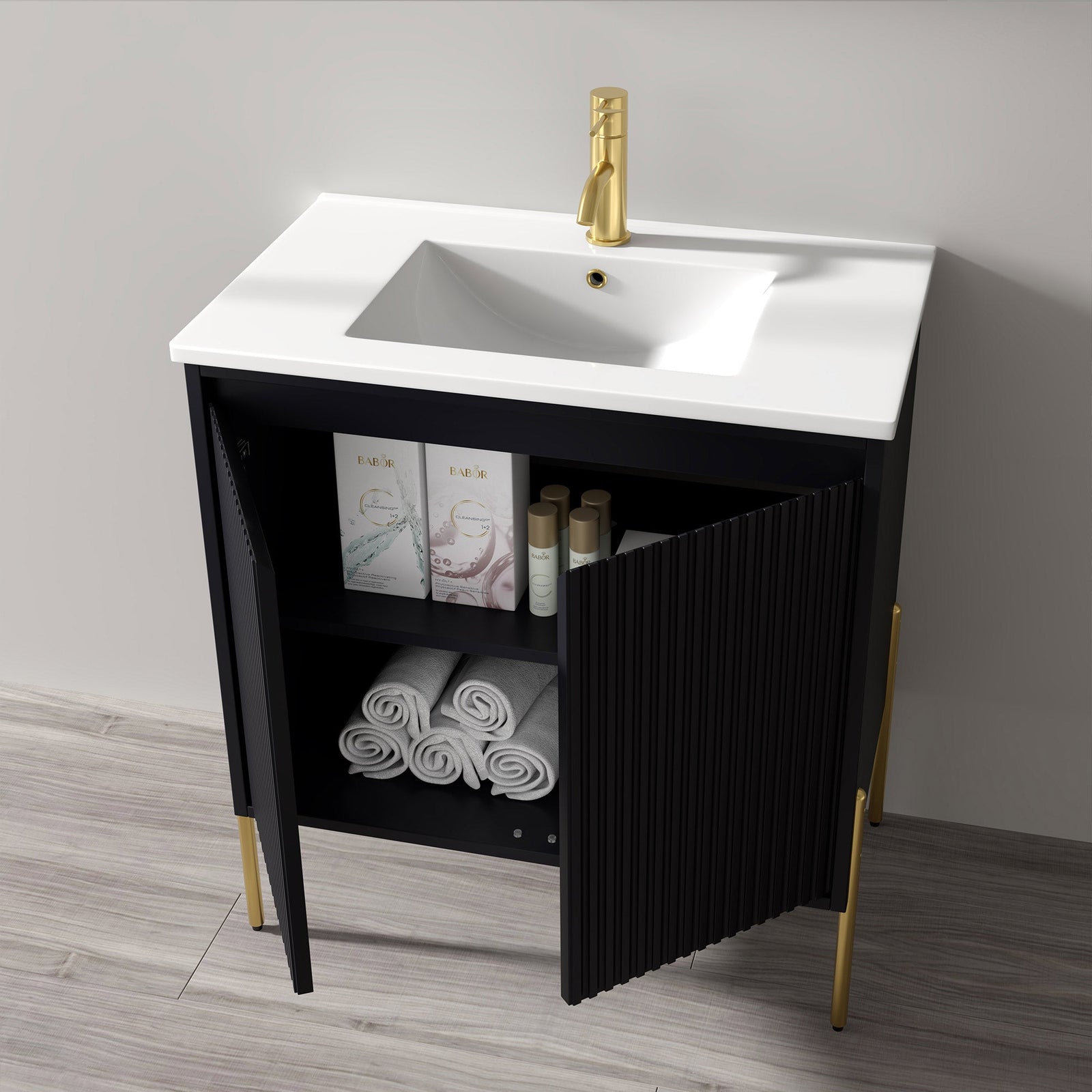 Dowell 30¡°(Fluted Bathroom Vanity Set ¡°(Pre-Assembled Cabinet Base with 2 Soft-Close Doors, Shelves & Ceramic/Resin Single Basin, Black/Golden Legs - 002 30 Series