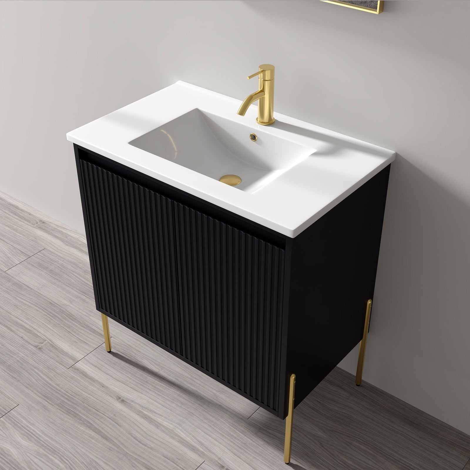 Dowell 30¡°(Fluted Bathroom Vanity Set ¡°(Pre-Assembled Cabinet Base with 2 Soft-Close Doors, Shelves & Ceramic/Resin Single Basin, Black/Golden Legs - 002 30 Series