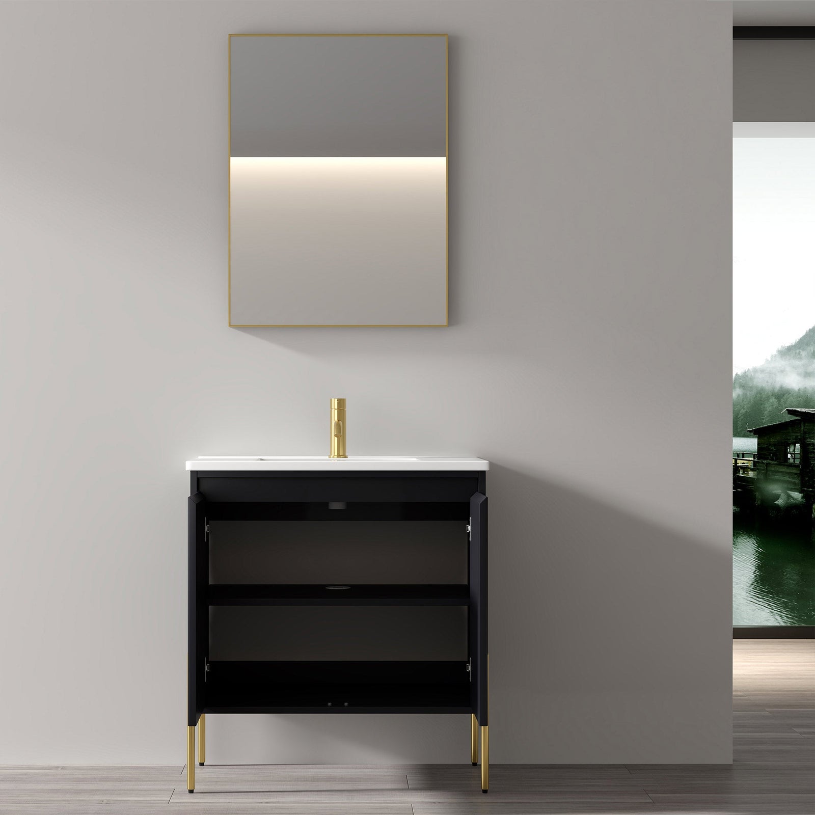Dowell 30¡°(Fluted Bathroom Vanity Set ¡°(Pre-Assembled Cabinet Base with 2 Soft-Close Doors, Shelves & Ceramic/Resin Single Basin, Black/Golden Legs - 002 30 Series